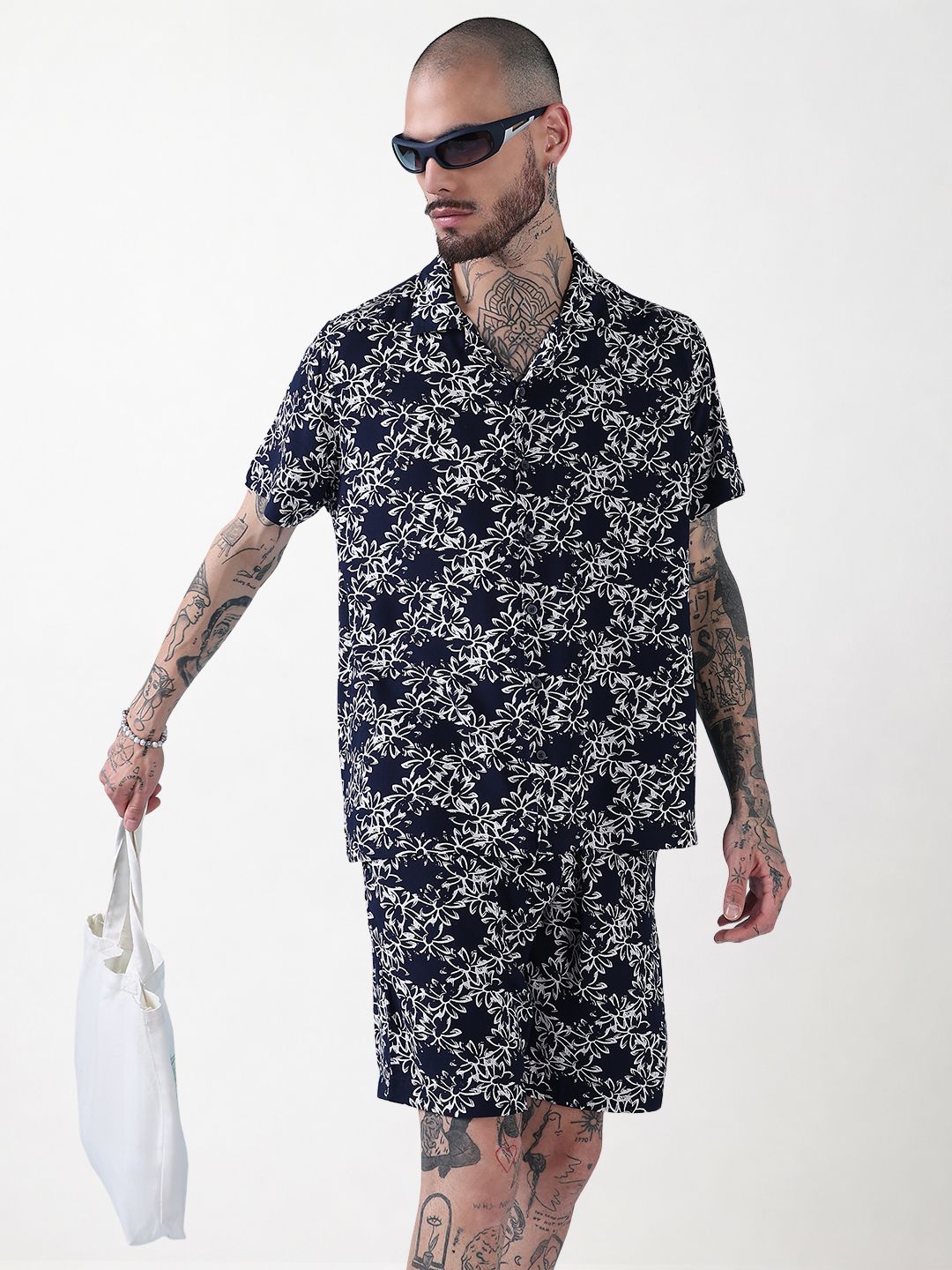 Men's Navy Blue Floral Cuban Collar Relaxed Fit Co-Ords Set