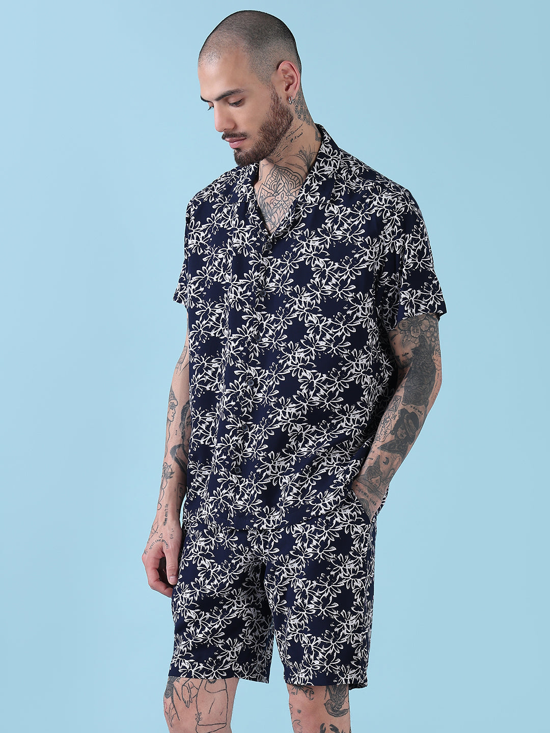 Men's Navy Blue Floral Cuban Collar Relaxed Fit Co-Ords Set