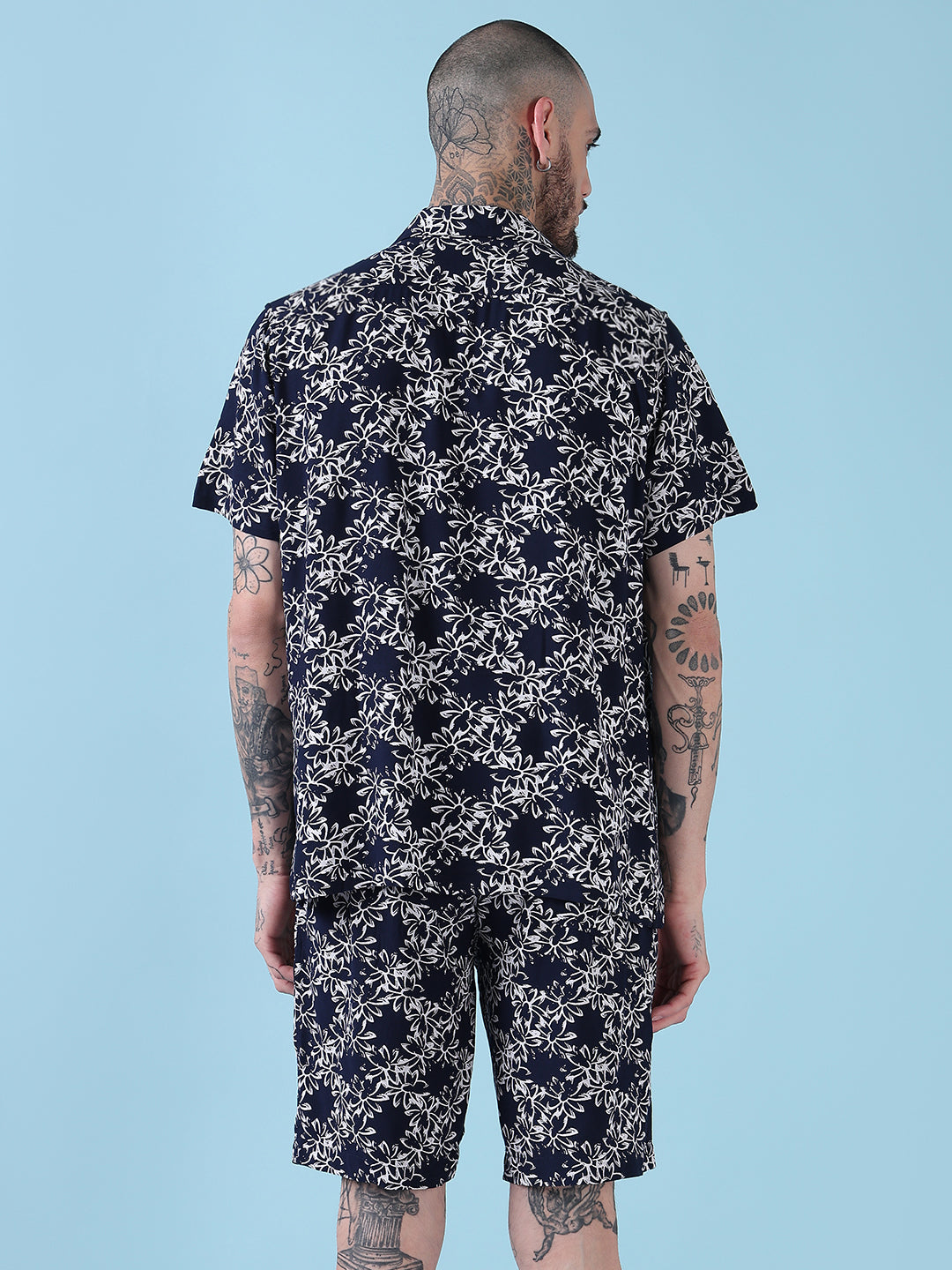 Men's Navy Blue Floral Cuban Collar Relaxed Fit Co-Ords Set