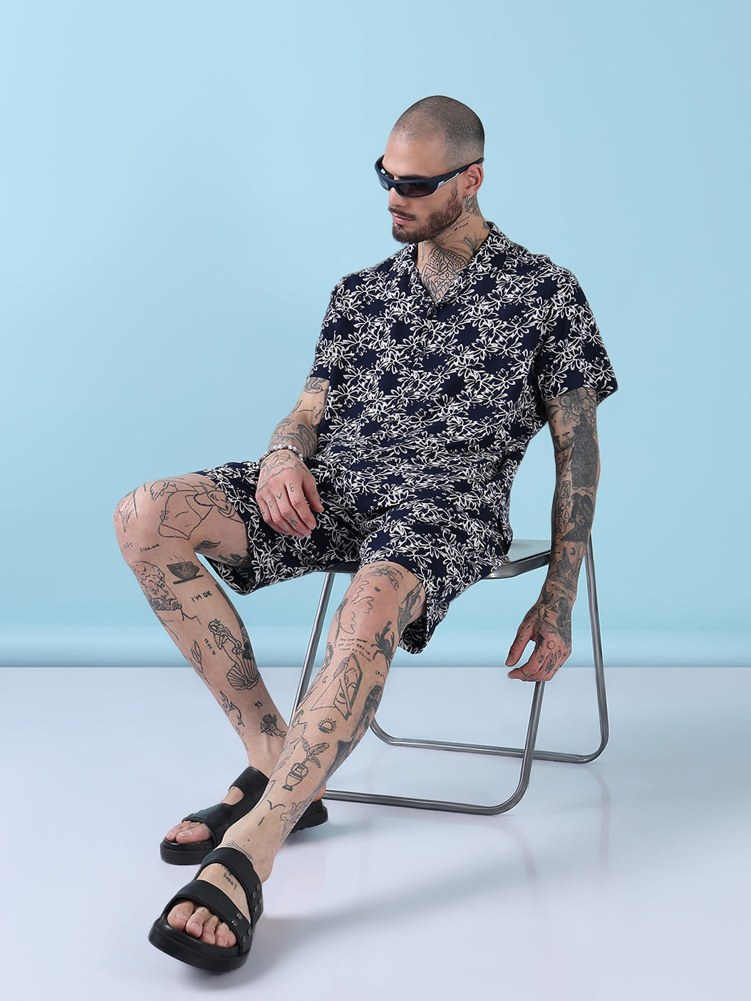 Men's Navy Blue Floral Cuban Collar Relaxed Fit Co-Ords Set