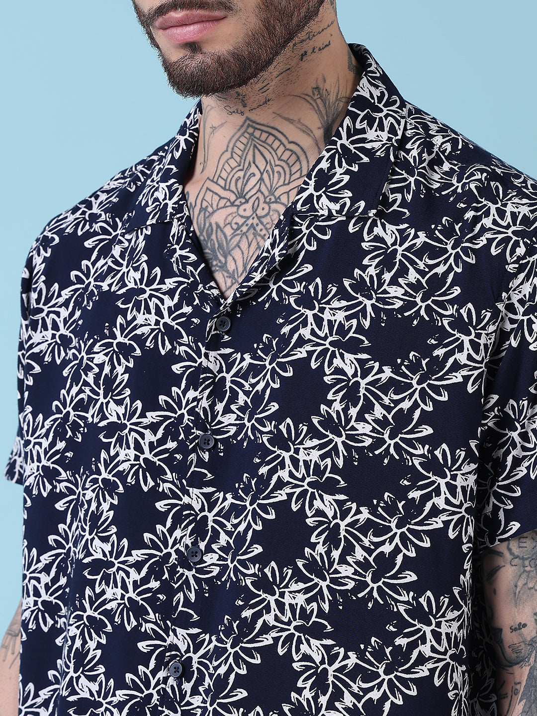 Men's Navy Blue Floral Cuban Collar Relaxed Fit Co-Ords Set