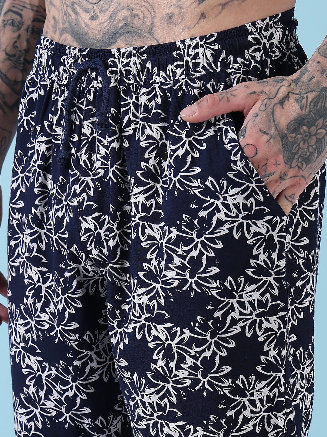 Men's Navy Blue Floral Cuban Collar Relaxed Fit Co-Ords Set