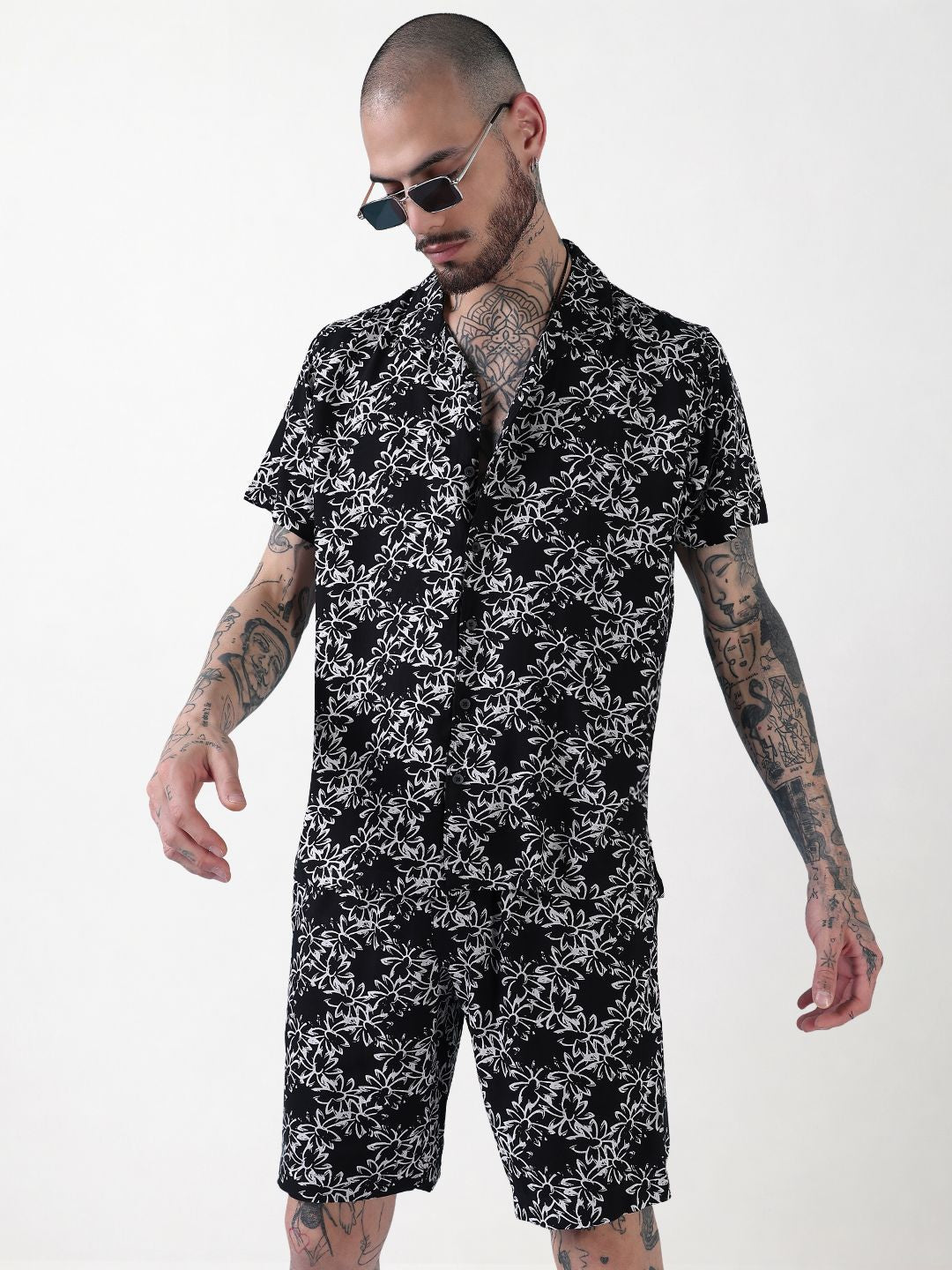 Men's Black Printed Cuban Collar Relaxed Fit Co-Ords Set