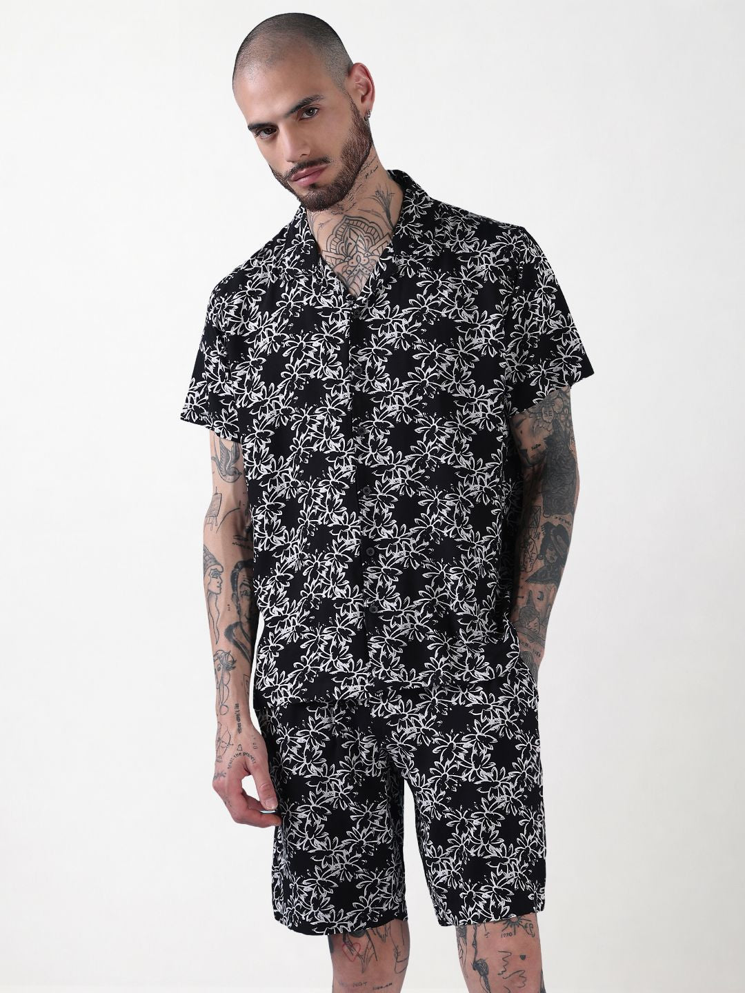 Men's Black Printed Cuban Collar Relaxed Fit Co-Ords Set