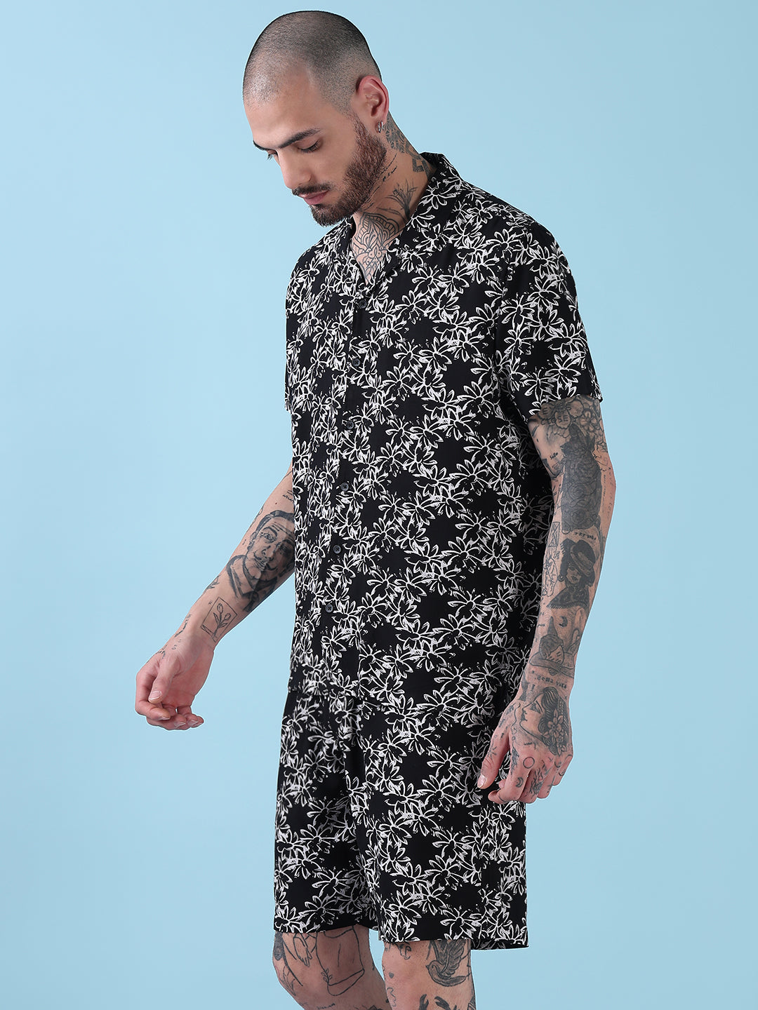 Men's Black Printed Cuban Collar Relaxed Fit Co-Ords Set
