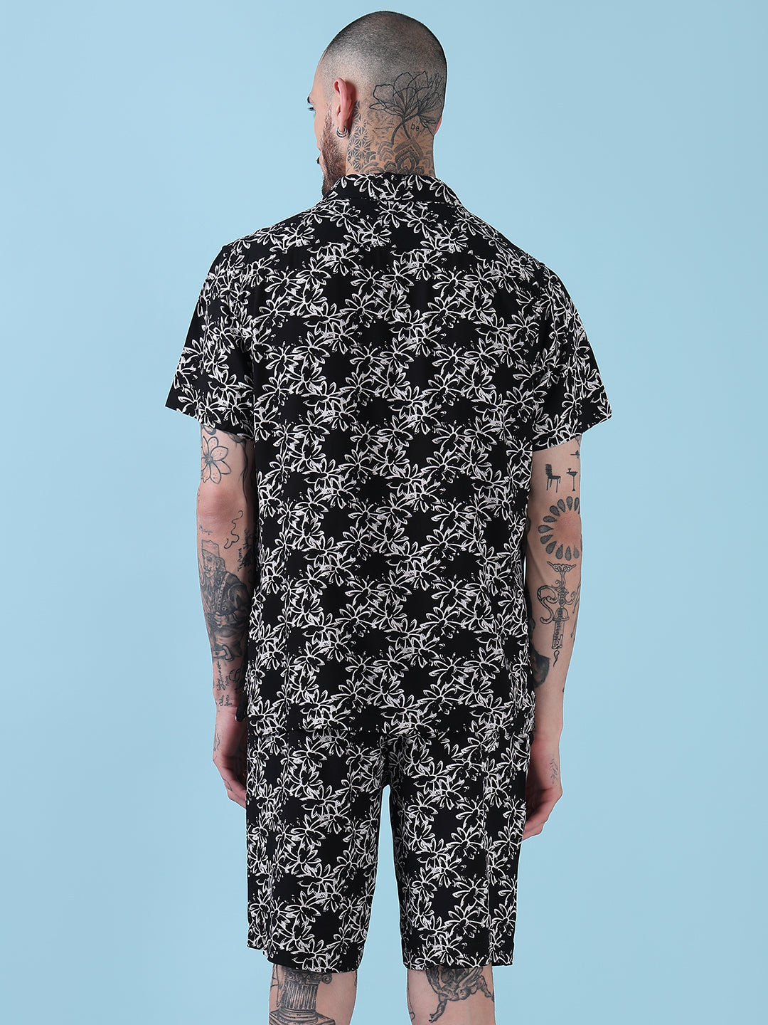 Men's Black Printed Cuban Collar Relaxed Fit Co-Ords Set