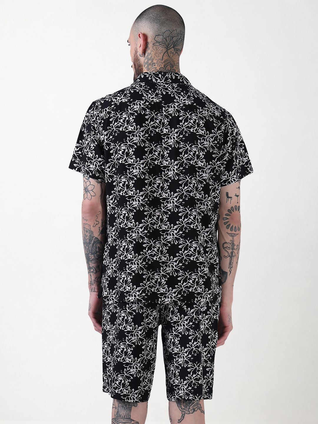 Men's Black Printed Cuban Collar Relaxed Fit Co-Ords Set