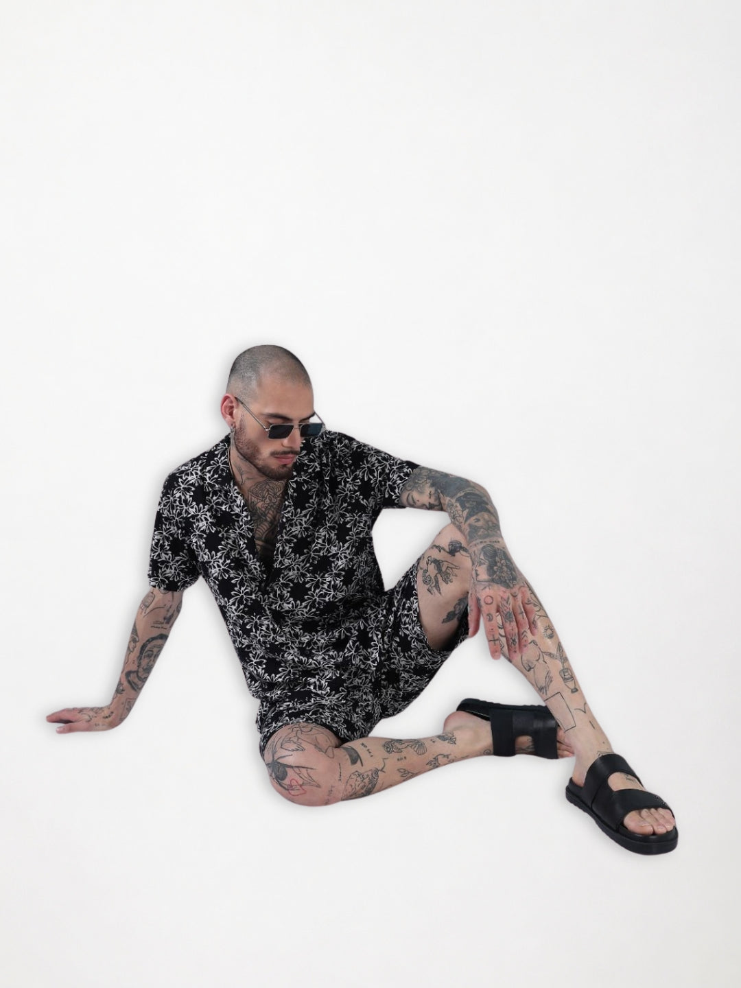 Men's Black Printed Cuban Collar Relaxed Fit Co-Ords Set