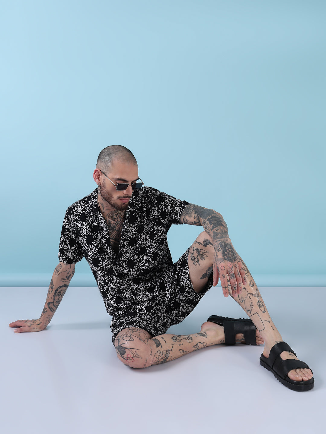 Men's Black Printed Cuban Collar Relaxed Fit Co-Ords Set