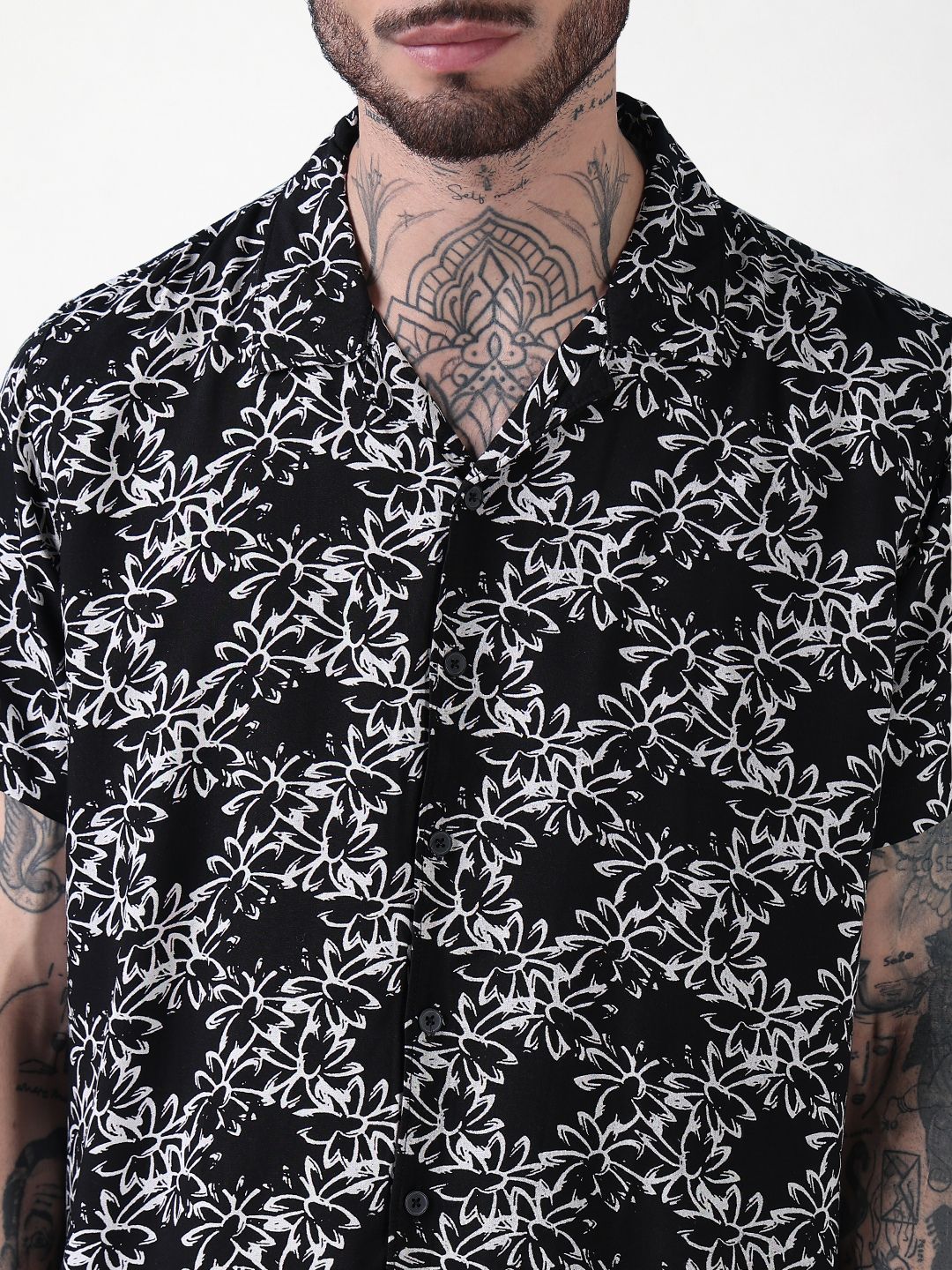 Men's Black Printed Cuban Collar Relaxed Fit Co-Ords Set