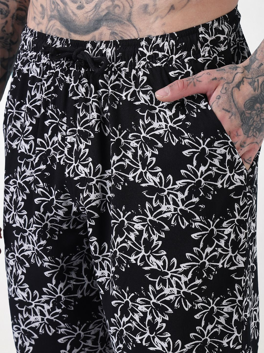 Men's Black Printed Cuban Collar Relaxed Fit Co-Ords Set