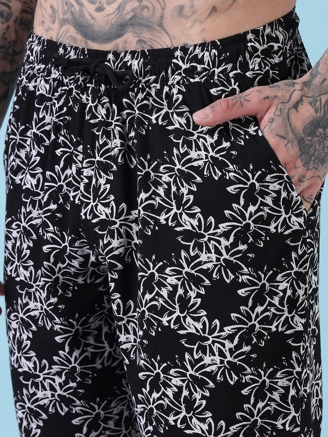 Men's Black Printed Cuban Collar Relaxed Fit Co-Ords Set