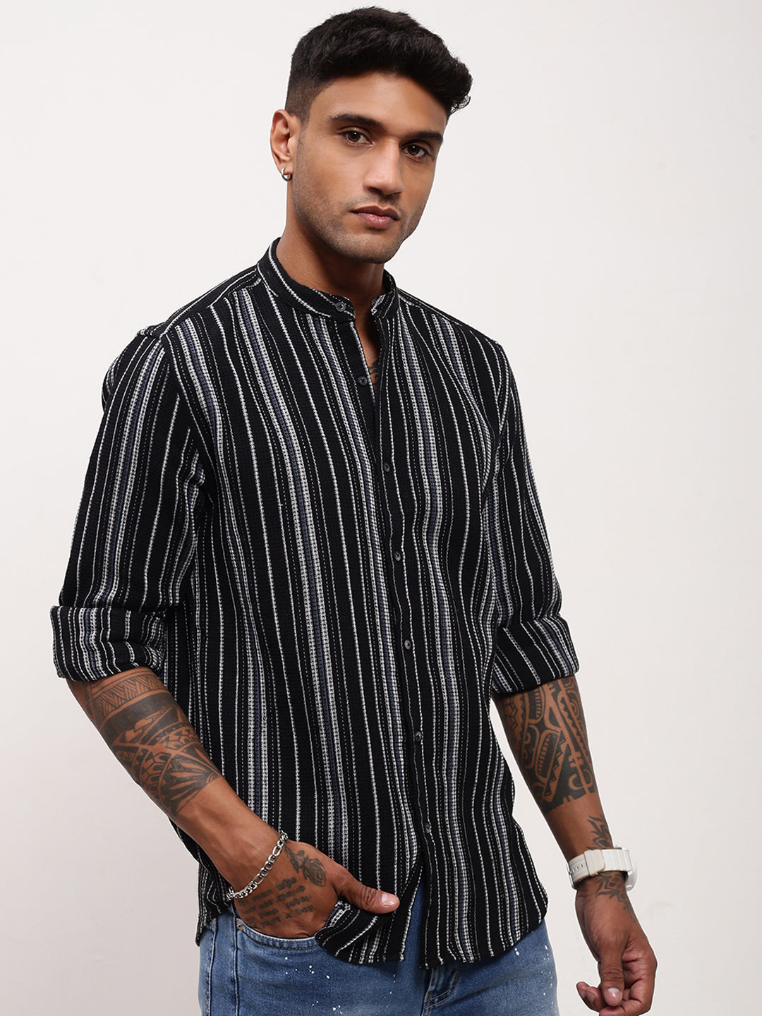 Men Black Striped Slim Fit Shirt