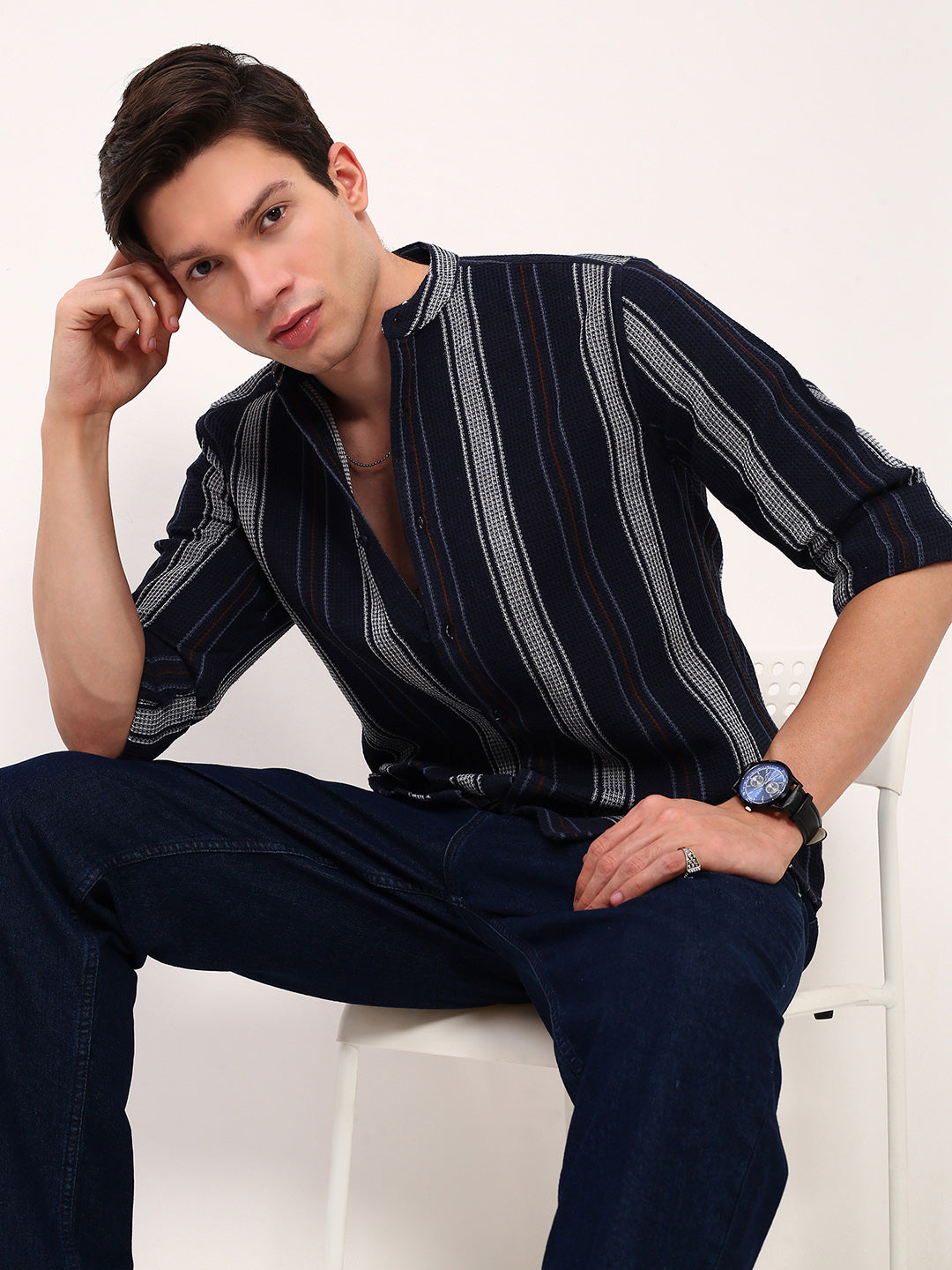 Men Navy Blue Striped Slim Fit Shirt