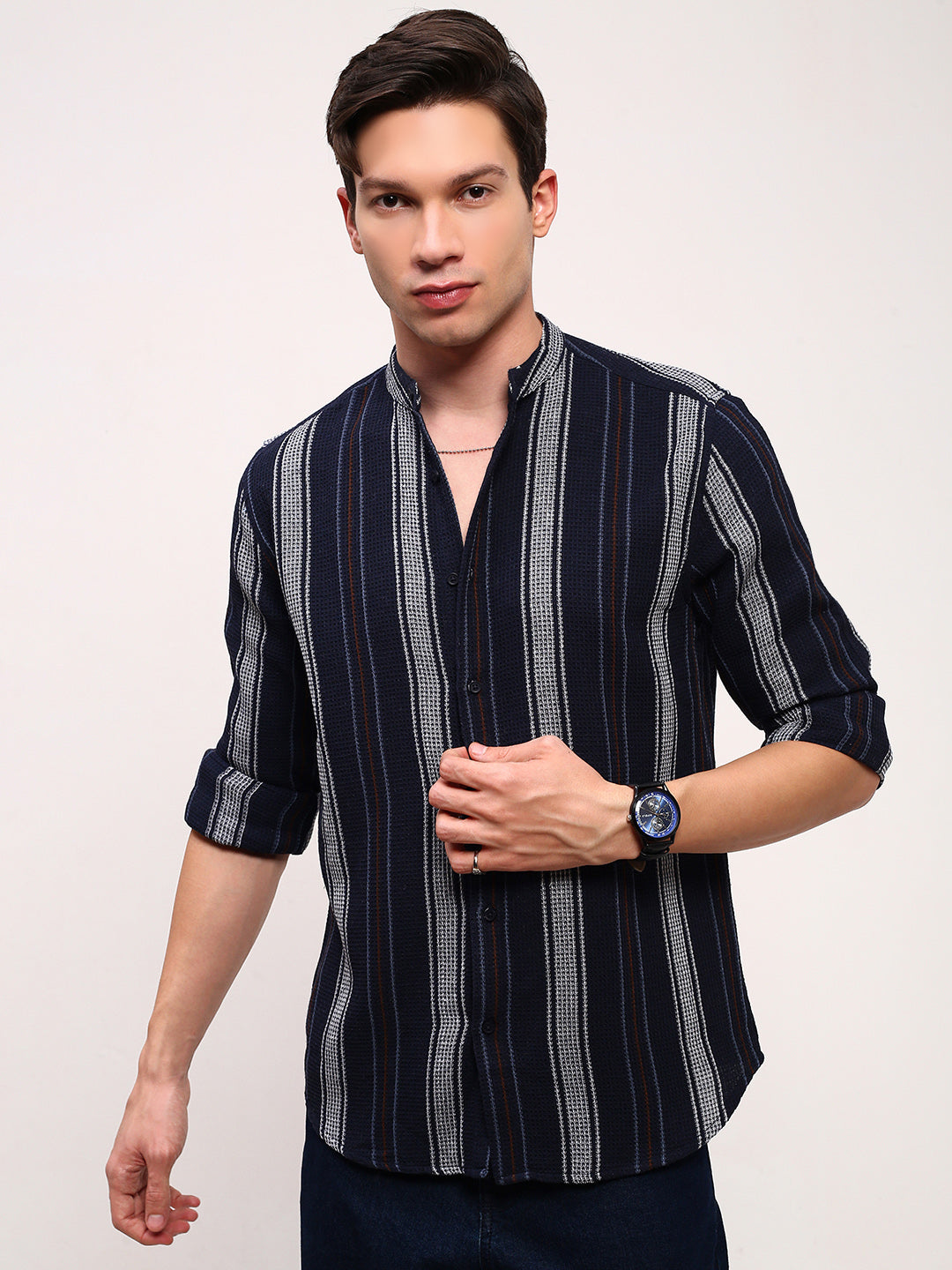 Men Navy Blue Striped Slim Fit Shirt