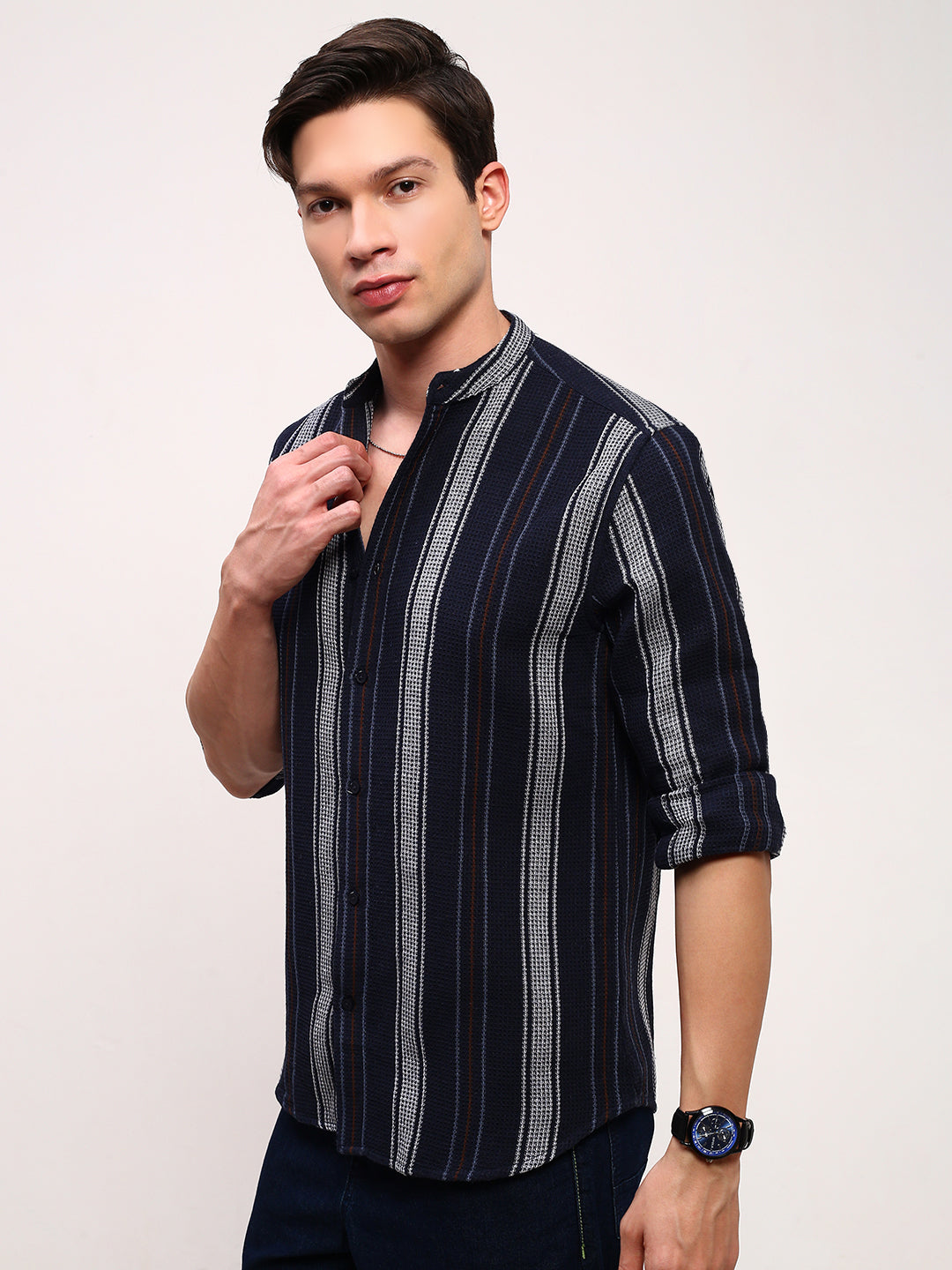 Men Navy Blue Striped Slim Fit Shirt