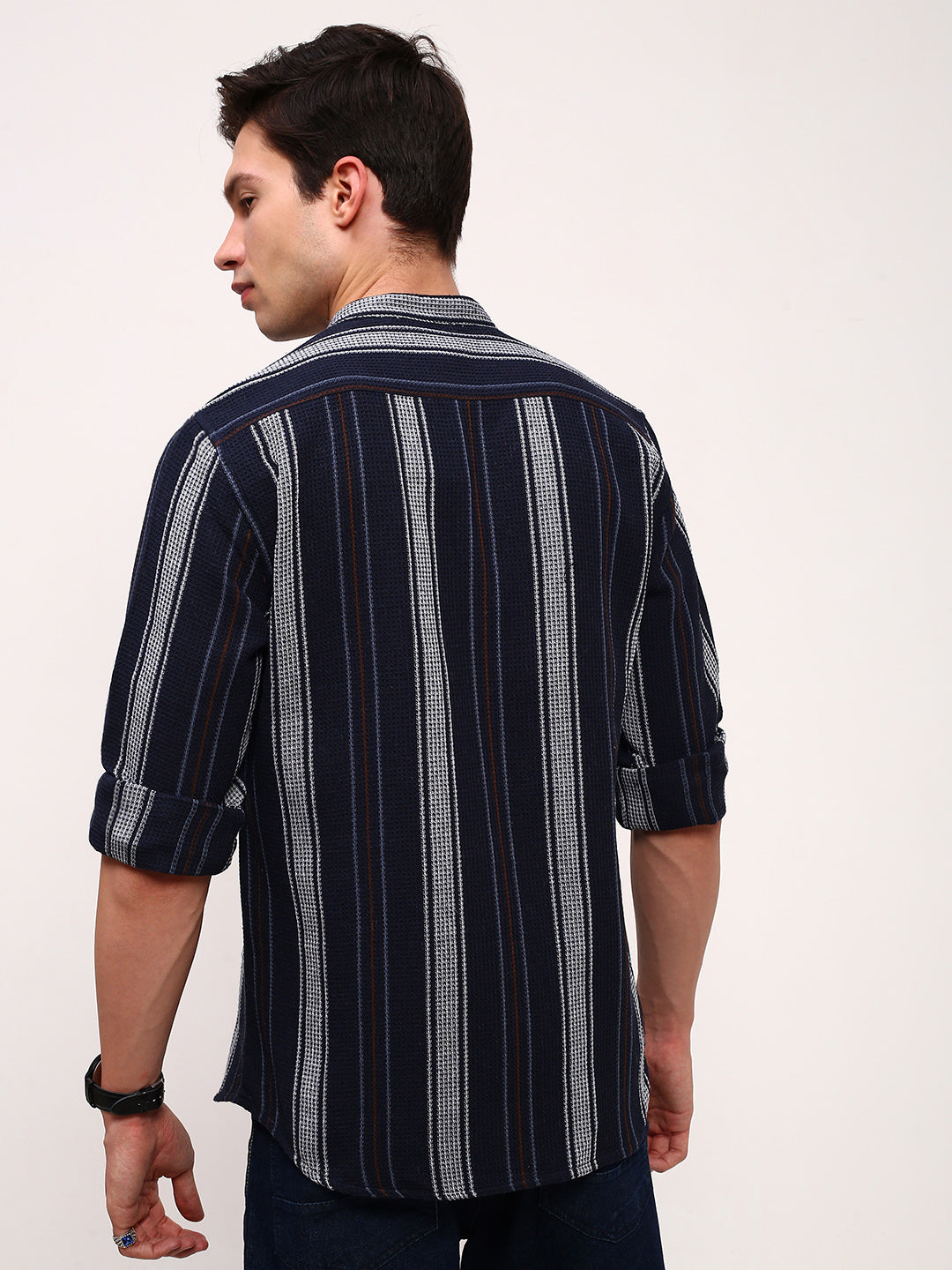 Men Navy Blue Striped Slim Fit Shirt