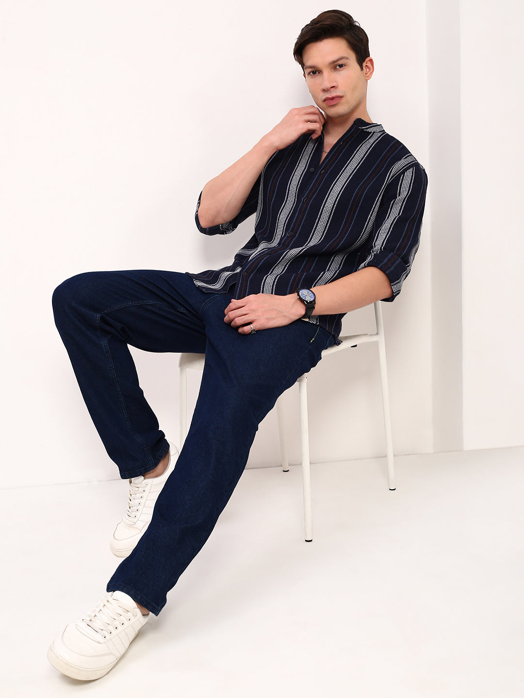 Men Navy Blue Striped Slim Fit Shirt