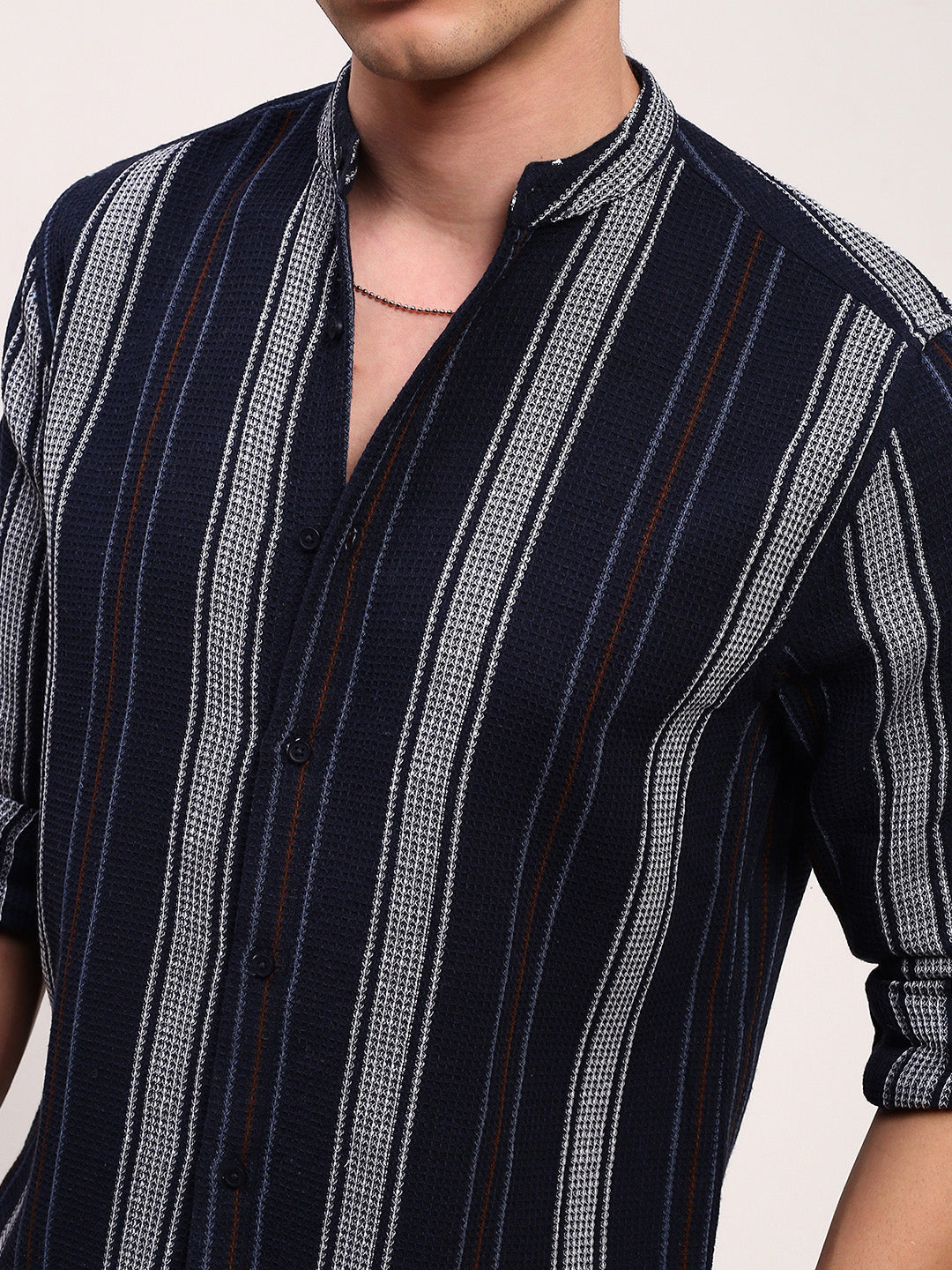 Men Navy Blue Striped Slim Fit Shirt