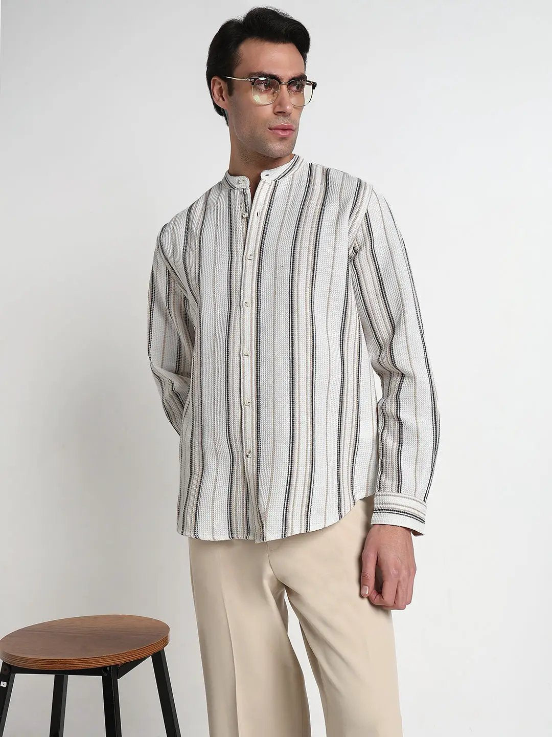 Shop Men's Off White Mandarin Collar Stripes Slim Fit Shirt | Showoffff Shop Men's Off White Mandarin Collar Stripes Slim Fit Shirt | Showoffff