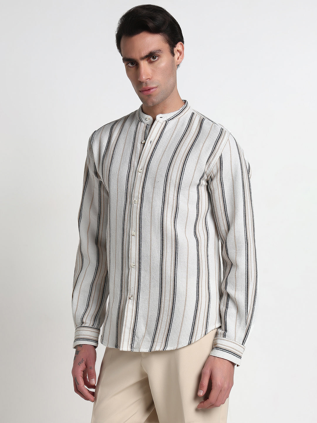 Men's Off White Mandarin Collar Stripes Slim Fit Shirt