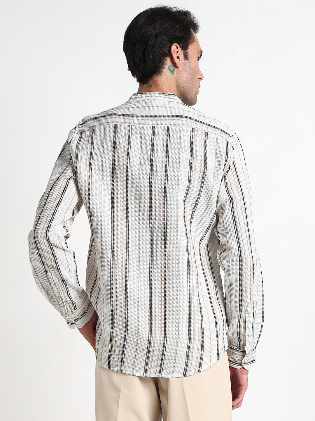 Men's Off White Mandarin Collar Stripes Slim Fit Shirt