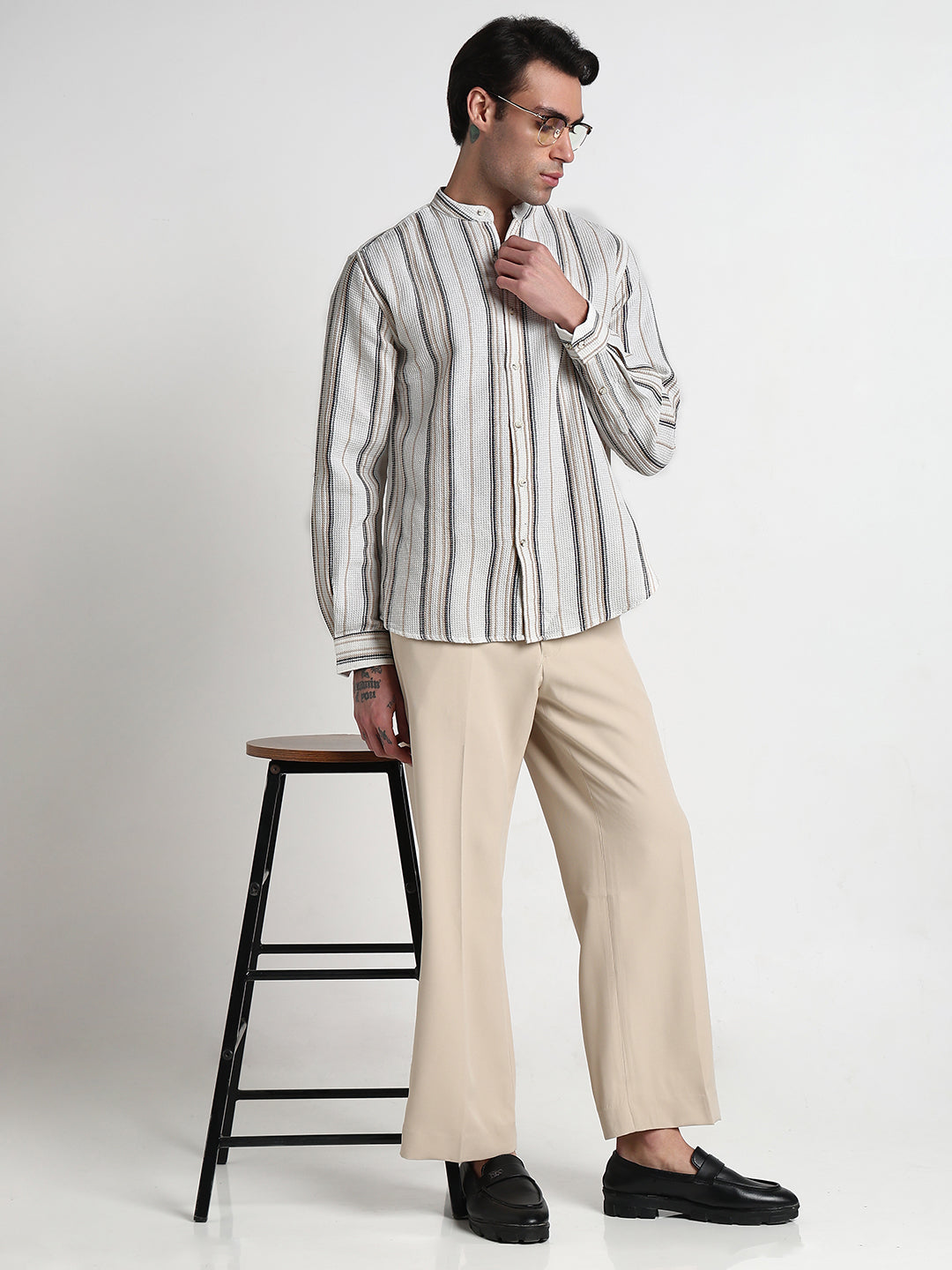 Men's Off White Mandarin Collar Stripes Slim Fit Shirt