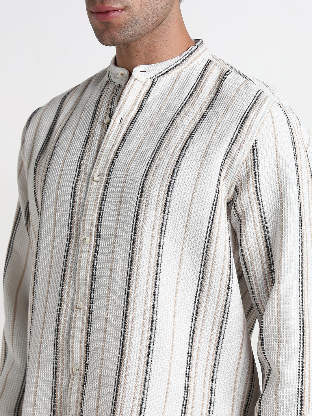 Men's Off White Mandarin Collar Stripes Slim Fit Shirt