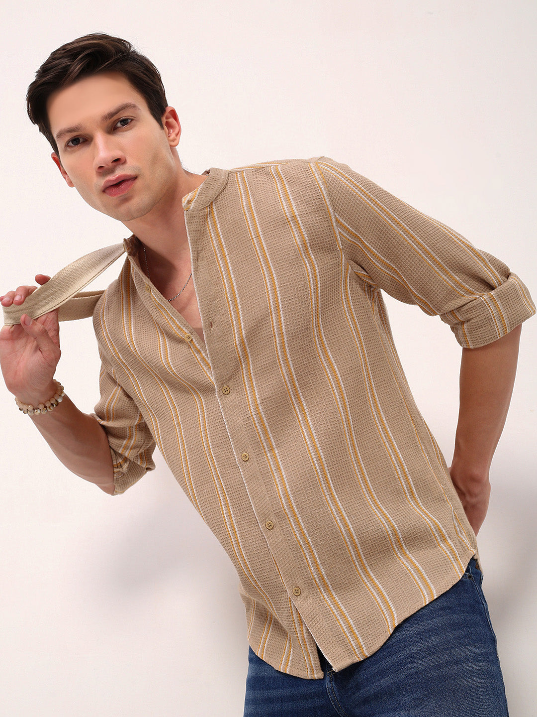 Men Beige Striped Slim Fit Shirt