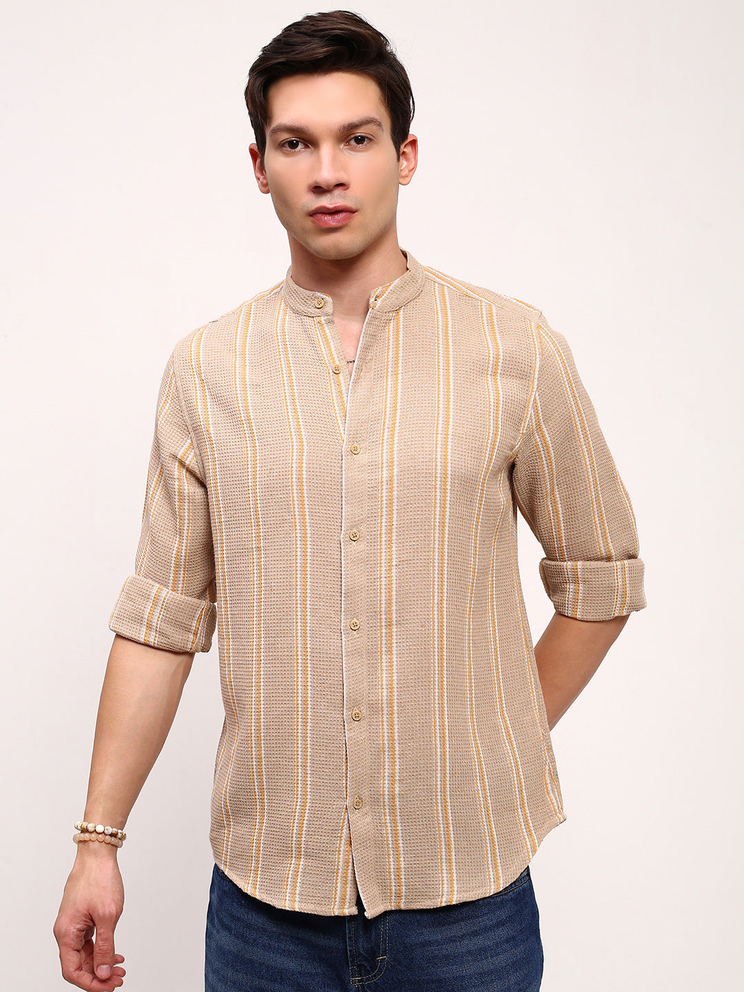 Men Beige Striped Slim Fit Shirt