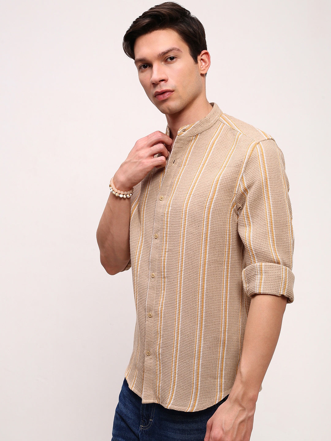 Men Beige Striped Slim Fit Shirt