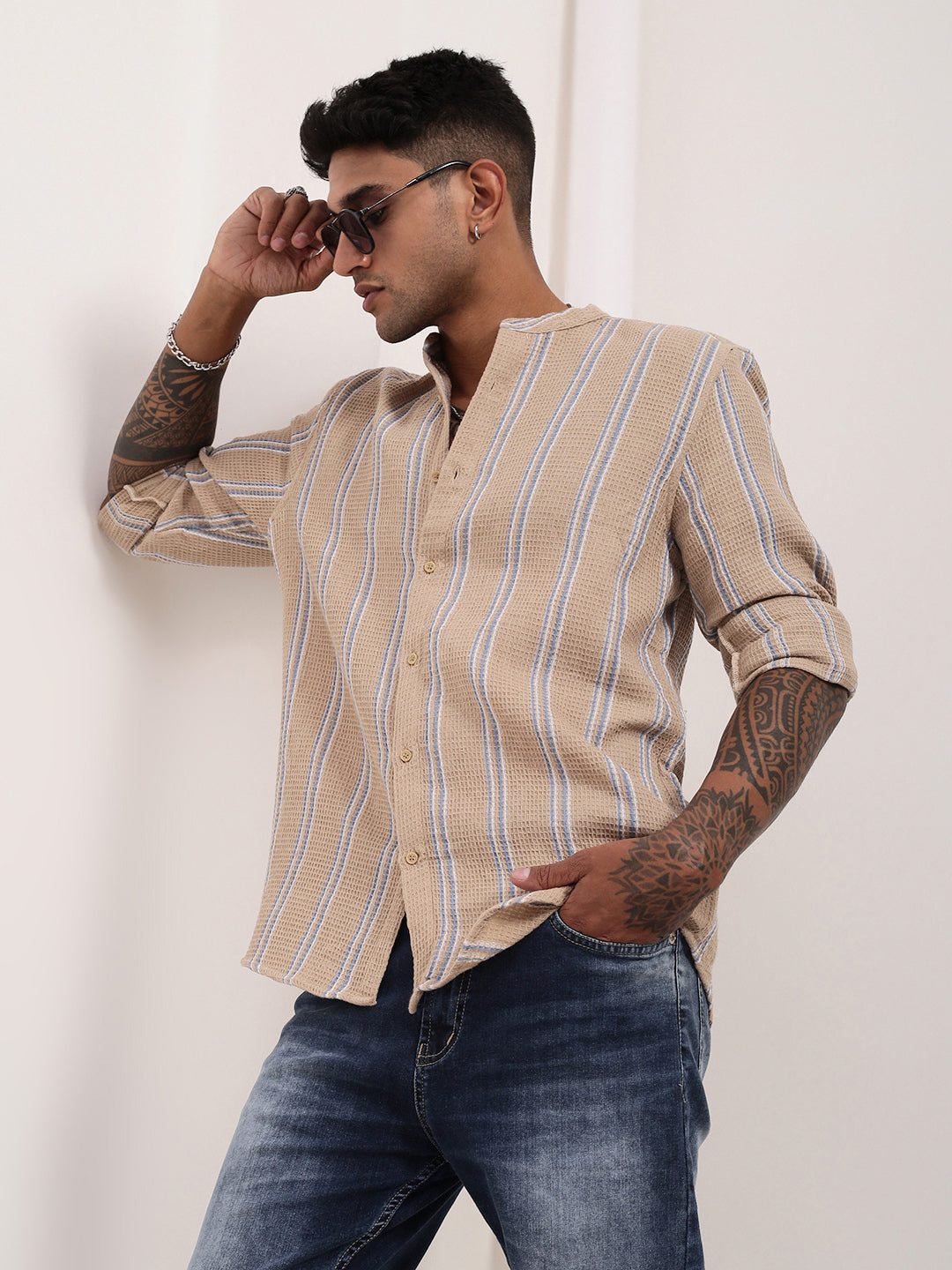 Men Beige Striped Slim Fit Shirt