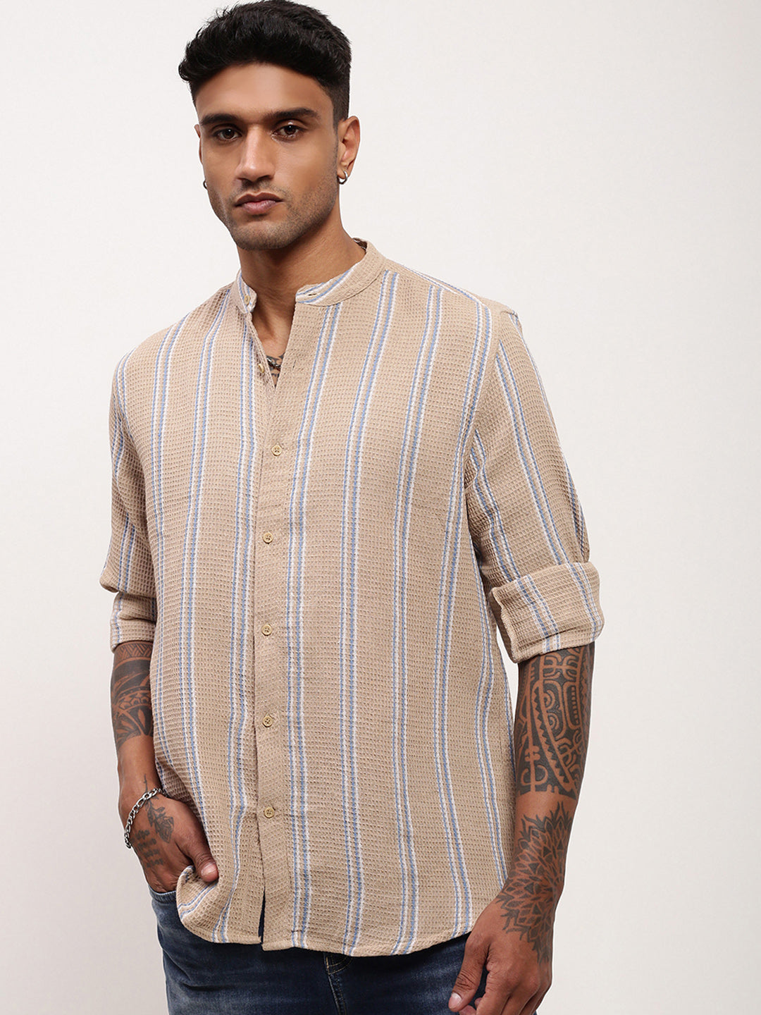 Men Beige Striped Slim Fit Shirt