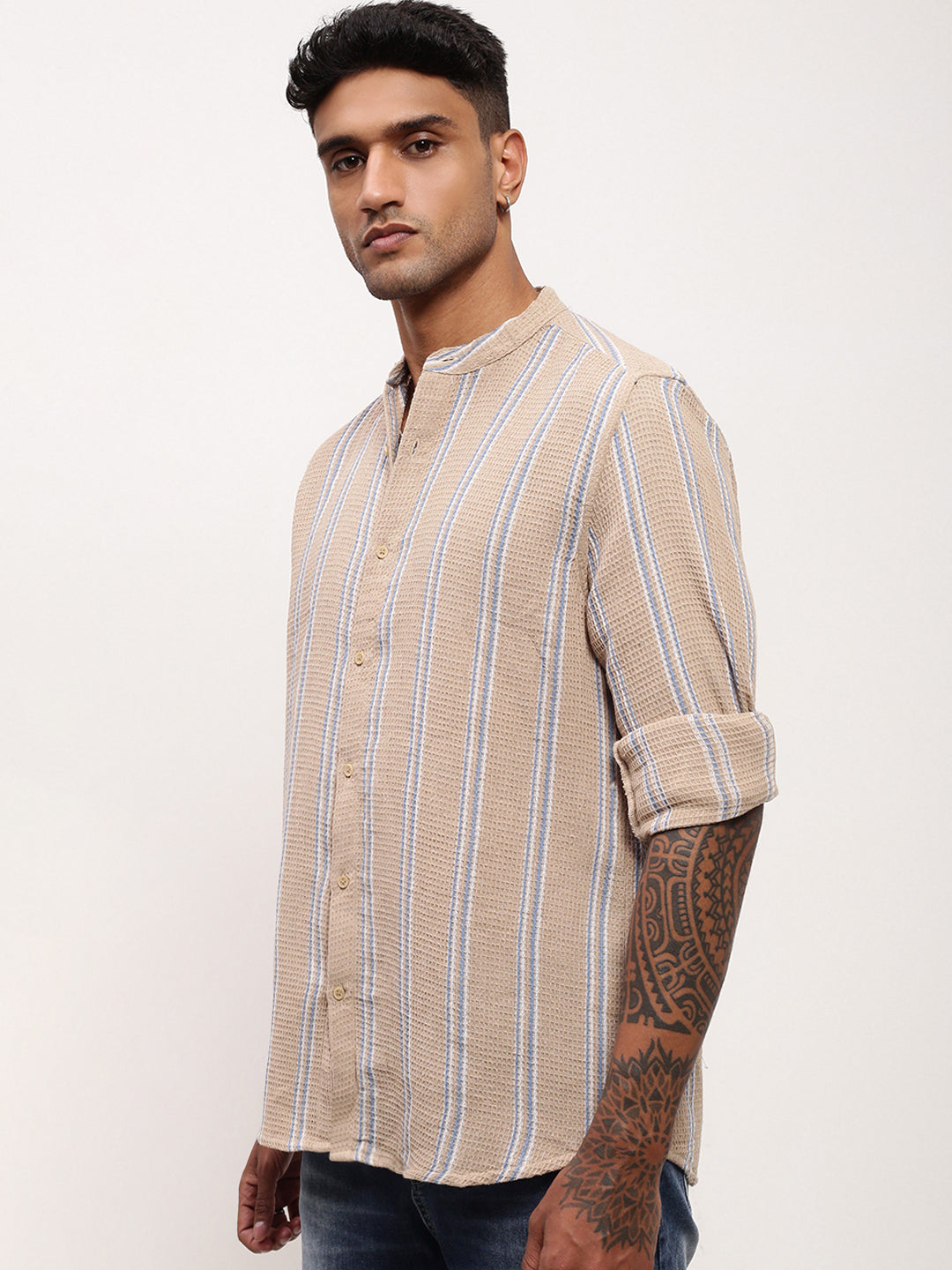 Men Beige Striped Slim Fit Shirt