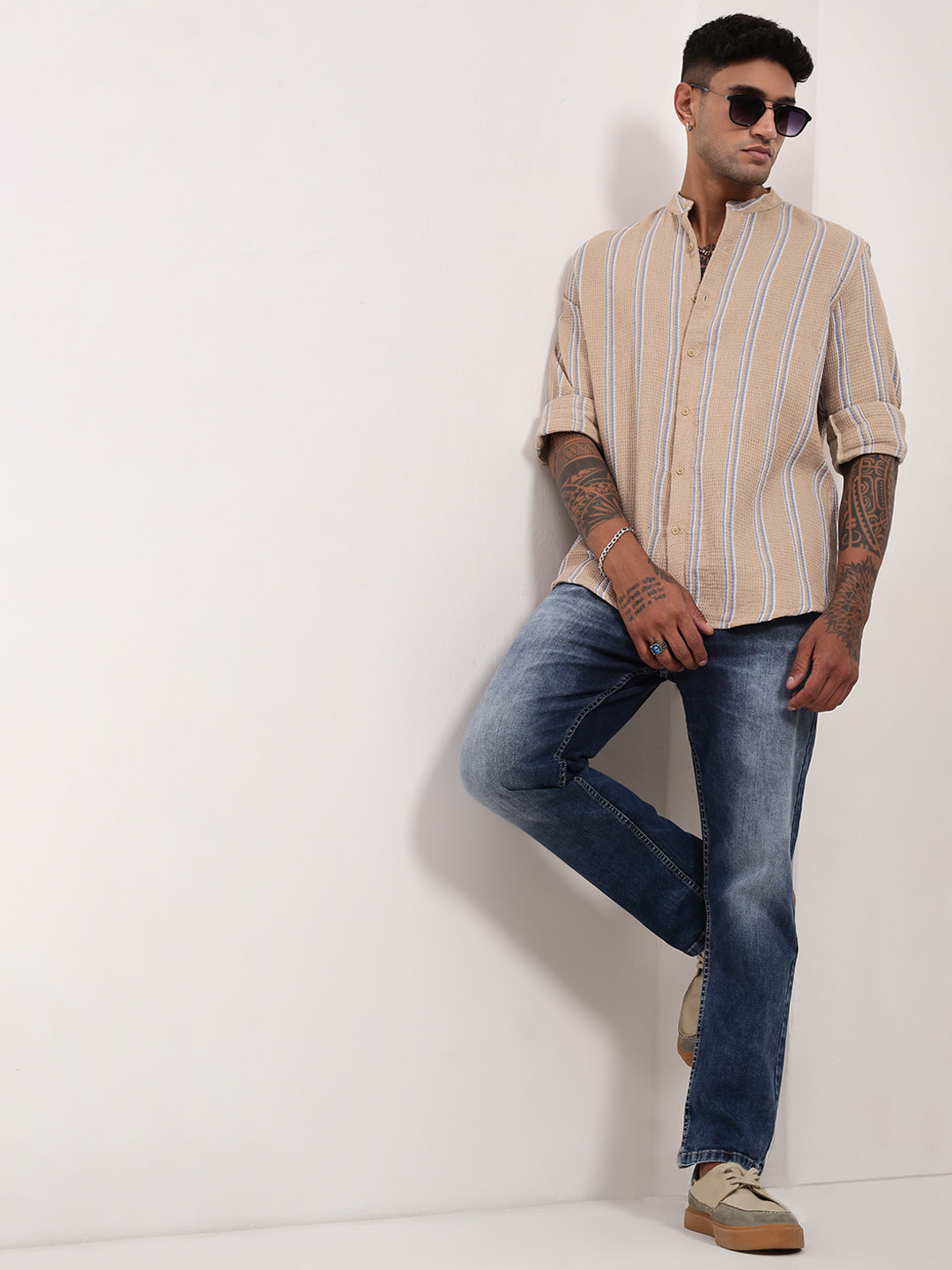 Men Beige Striped Slim Fit Shirt