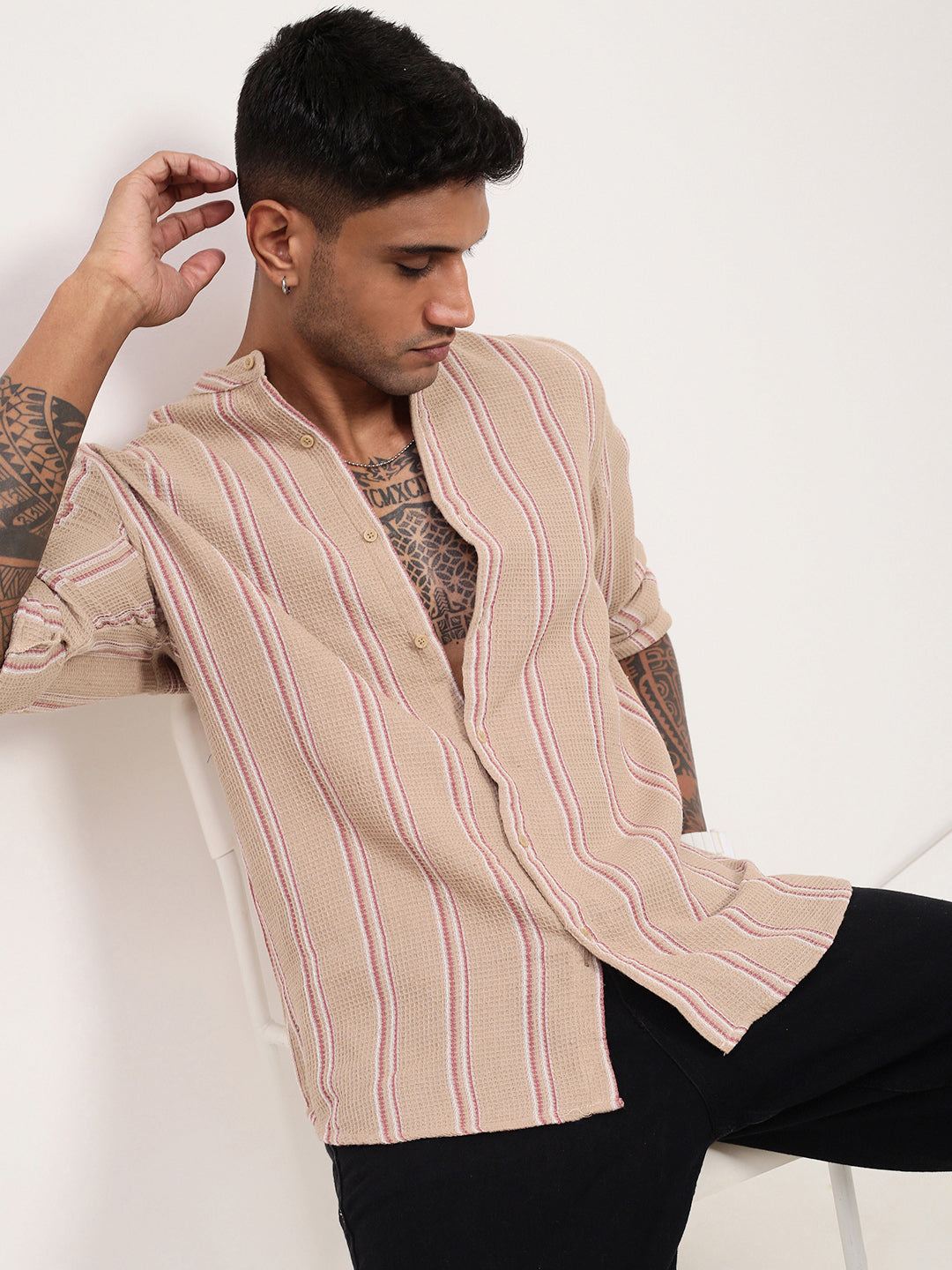 Men Beige Striped Slim Fit Shirt