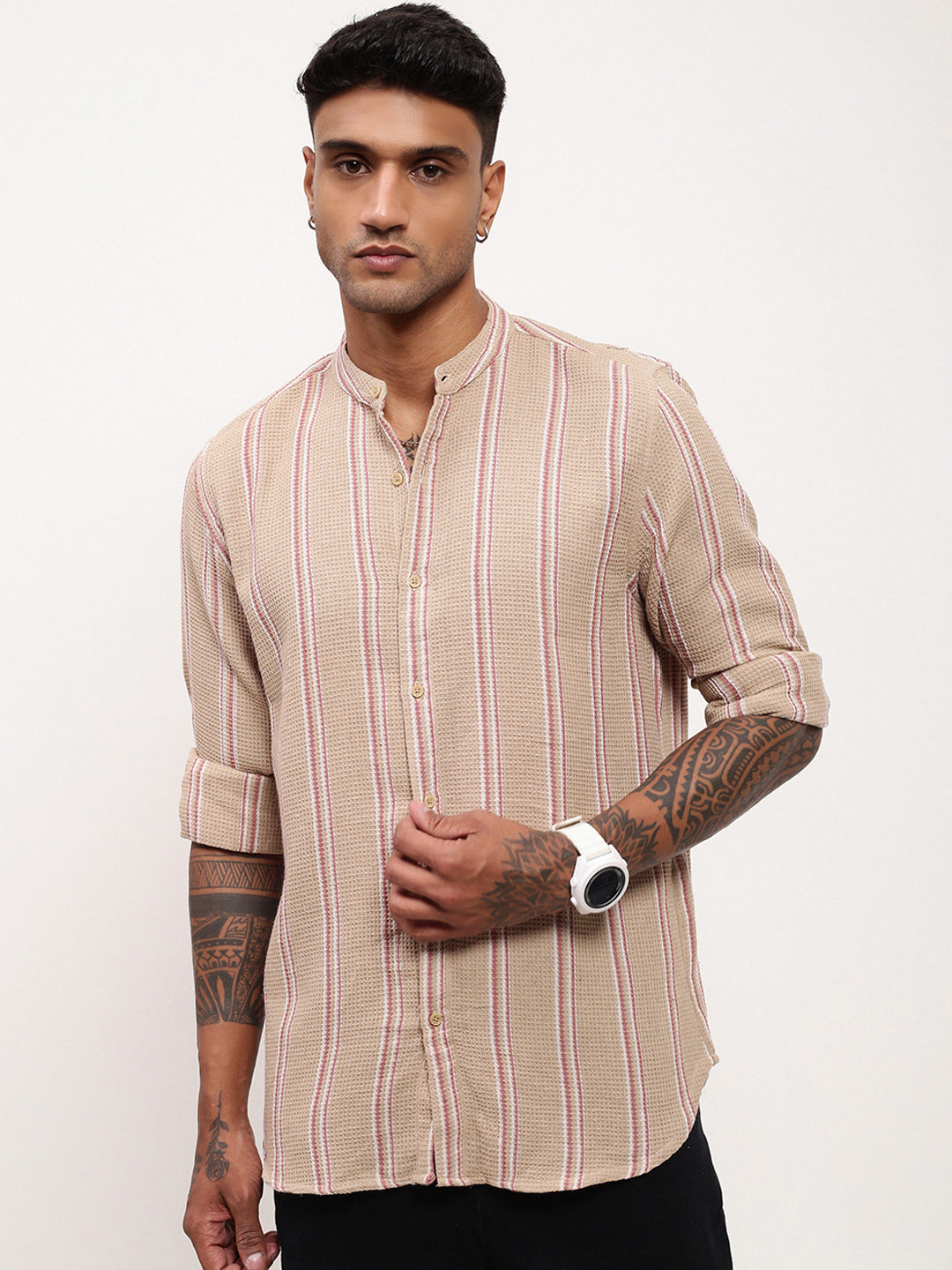 Men Beige Striped Slim Fit Shirt