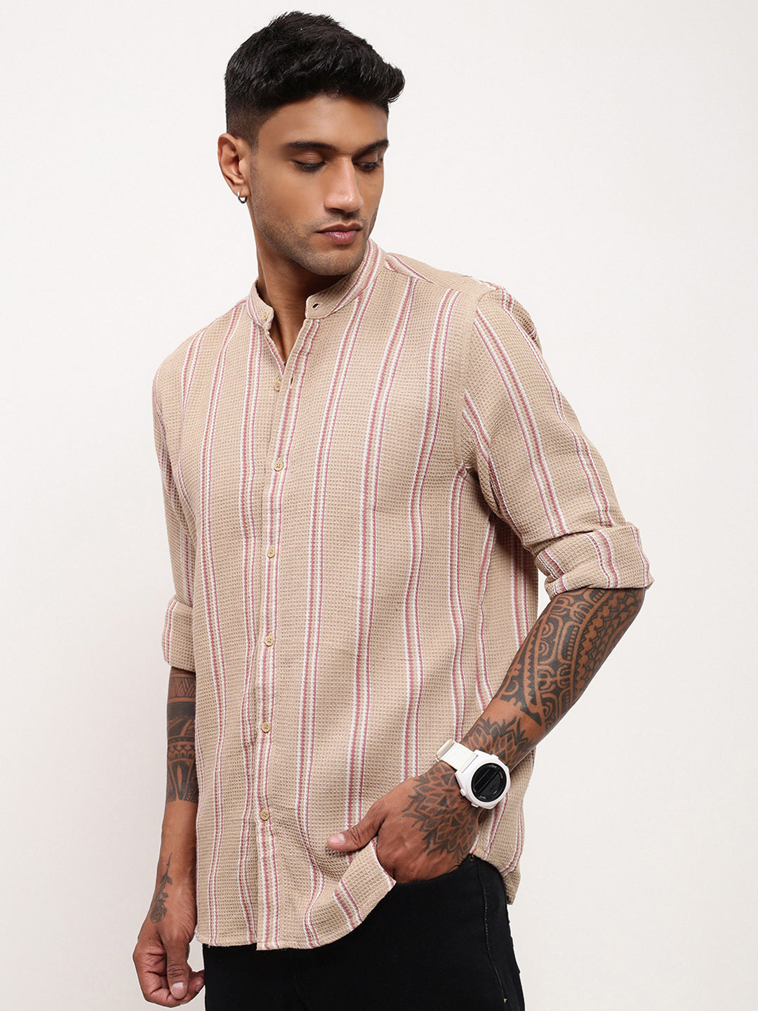 Men Beige Striped Slim Fit Shirt