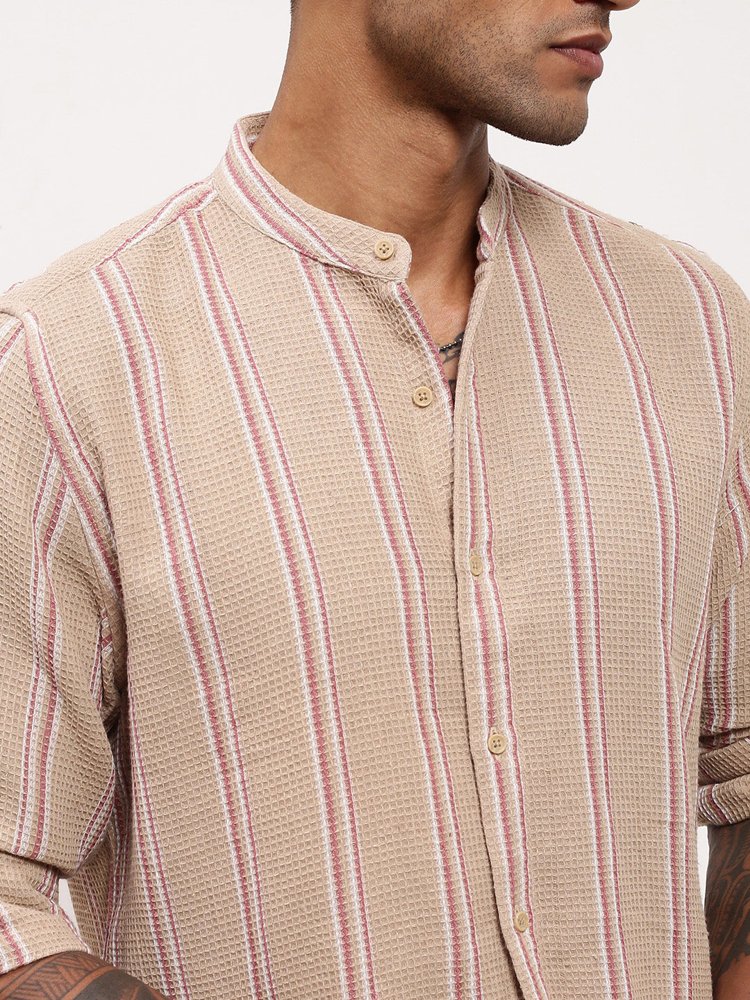 Men Beige Striped Slim Fit Shirt