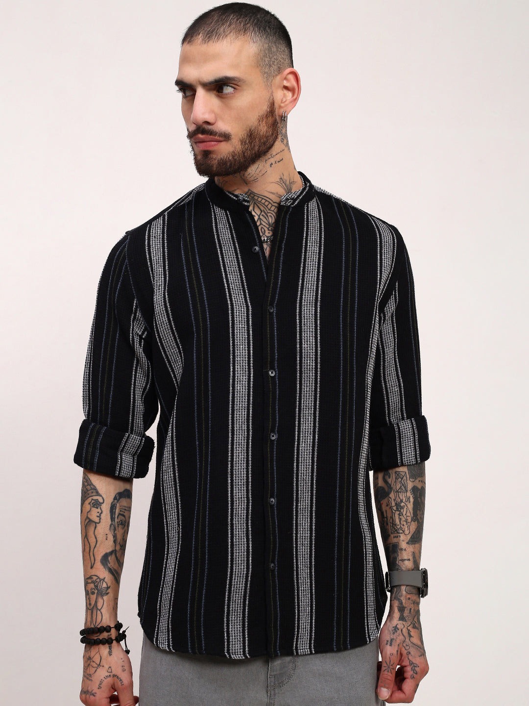 Men Black Striped Slim Fit Shirt