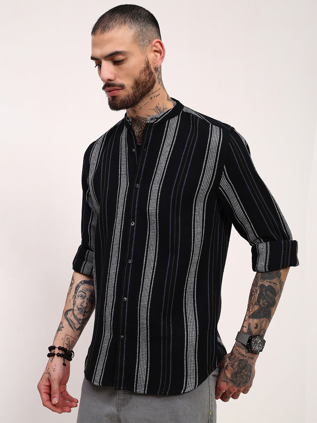 Men Black Striped Slim Fit Shirt