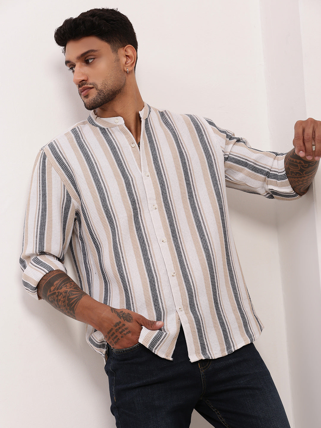 Men Off White Striped Slim Fit Shirt