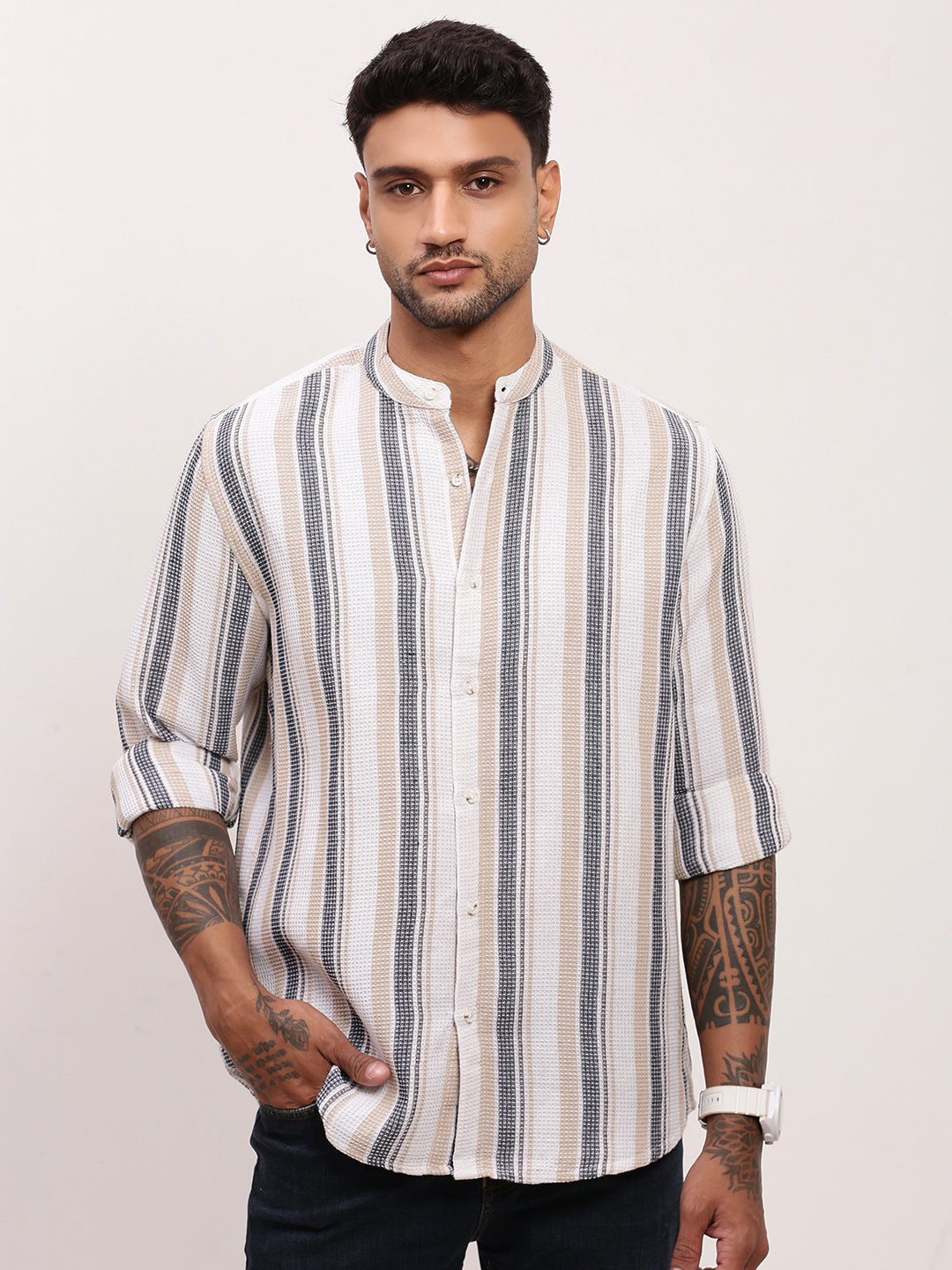 Men Off White Striped Slim Fit Shirt