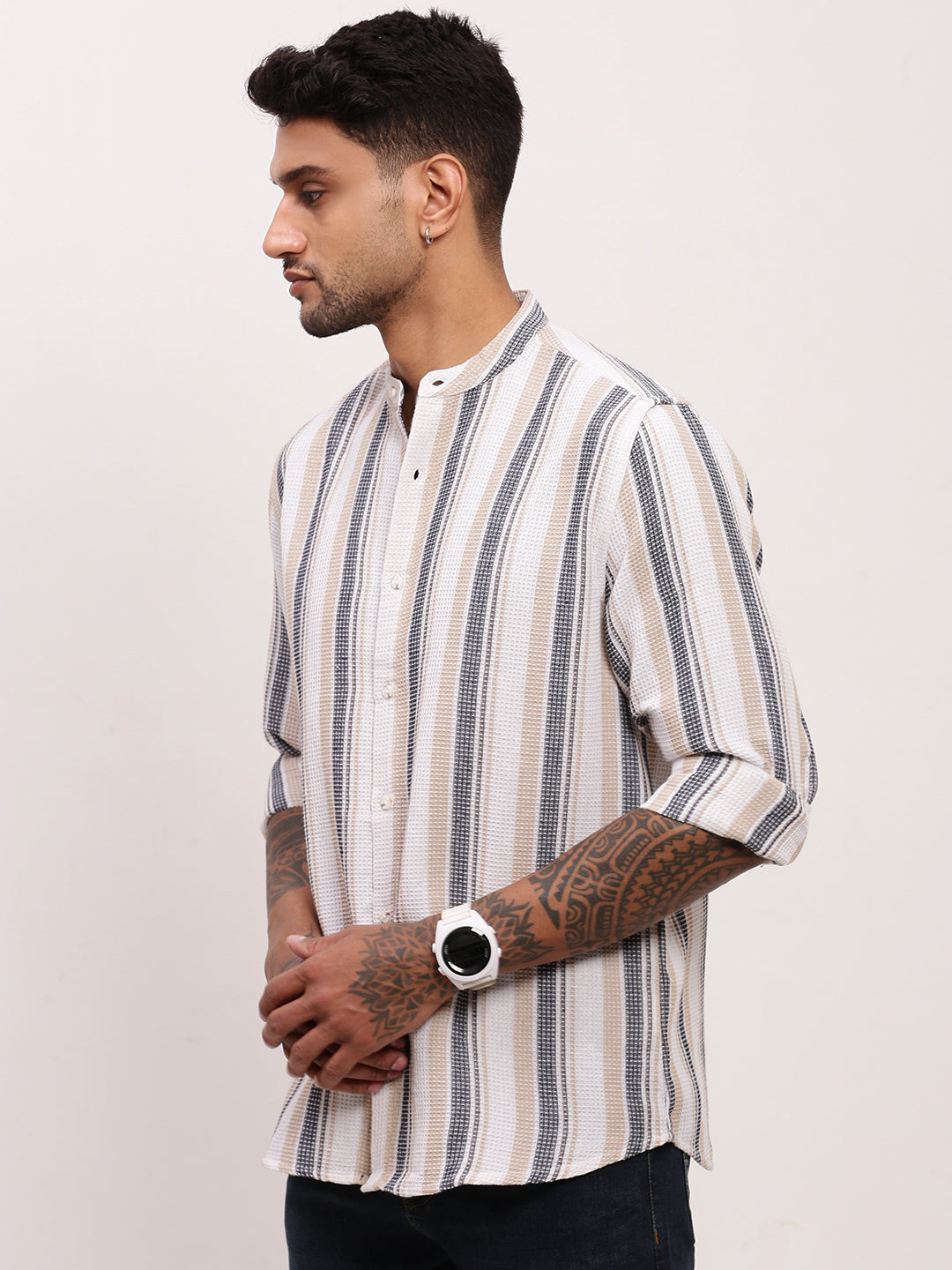 Men Off White Striped Slim Fit Shirt