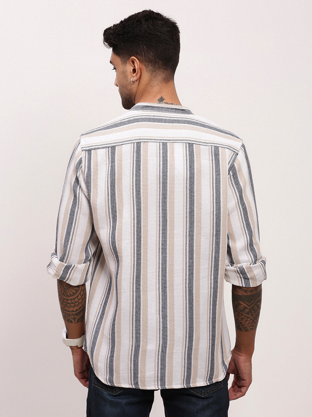 Men Off White Striped Slim Fit Shirt