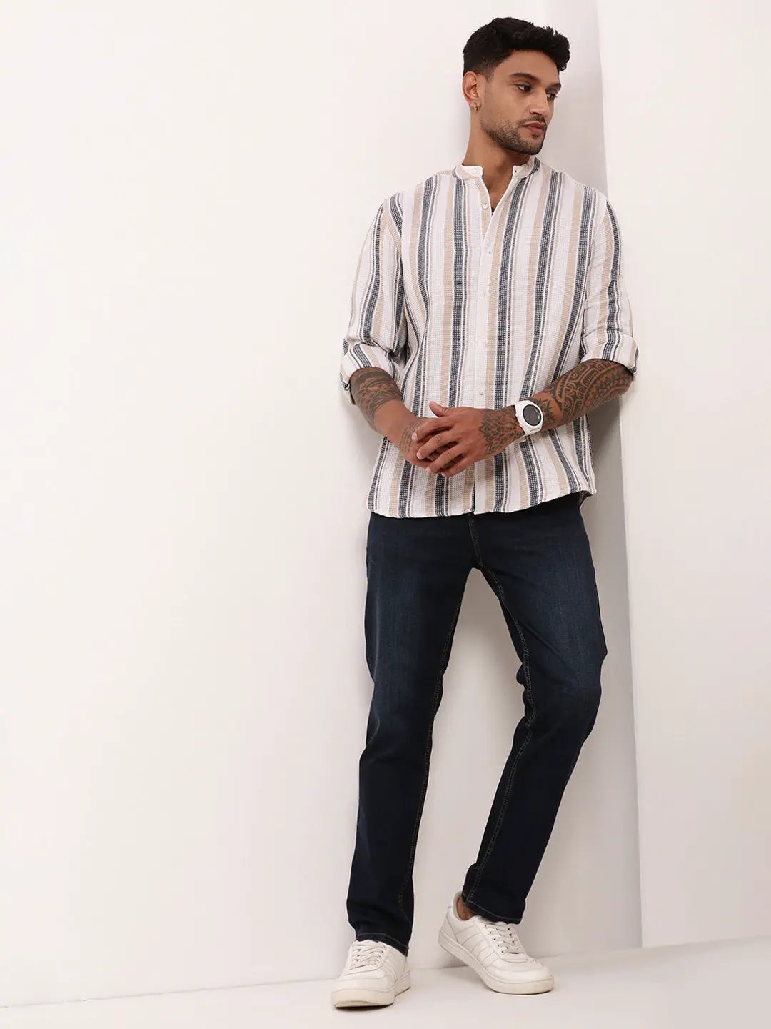 Shop Men's Off White Comfort Slim Fit Mandarin Collar Vertical