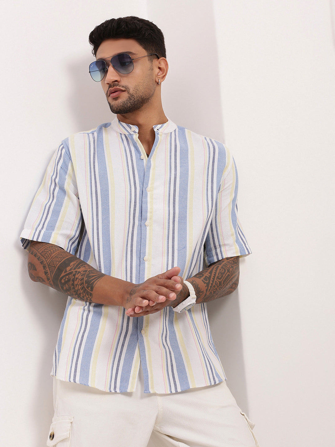 Men Blue Striped Slim Fit Shirt