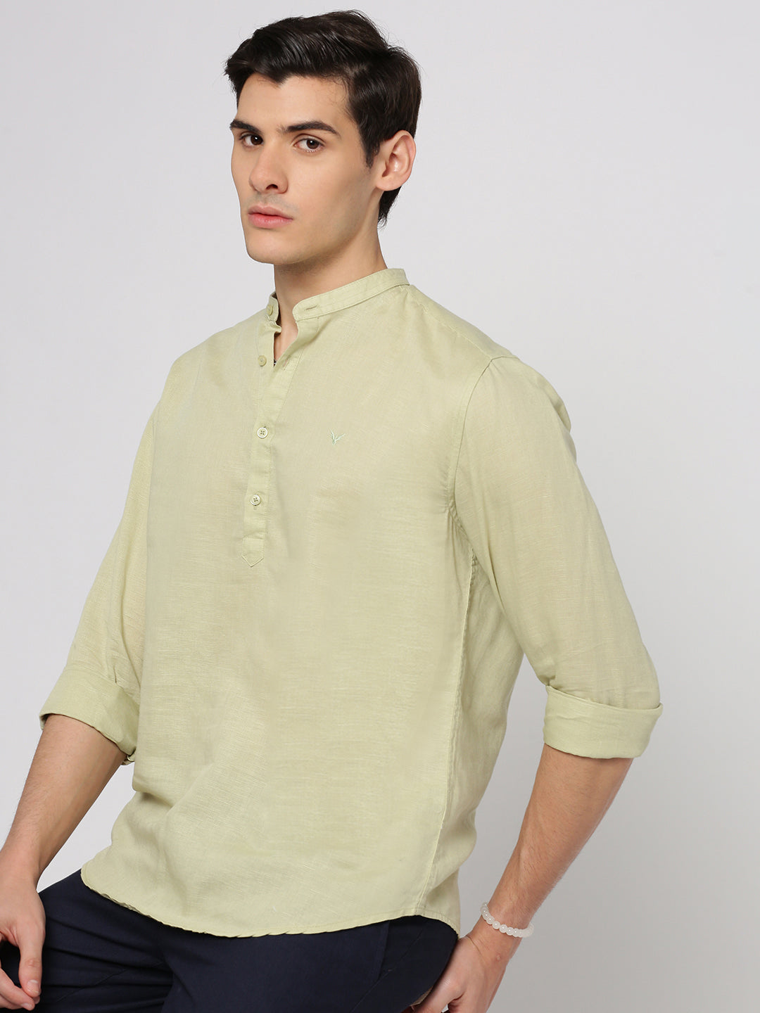 Men Sea Green Solid Mandarin Collar Casual Short Kurta