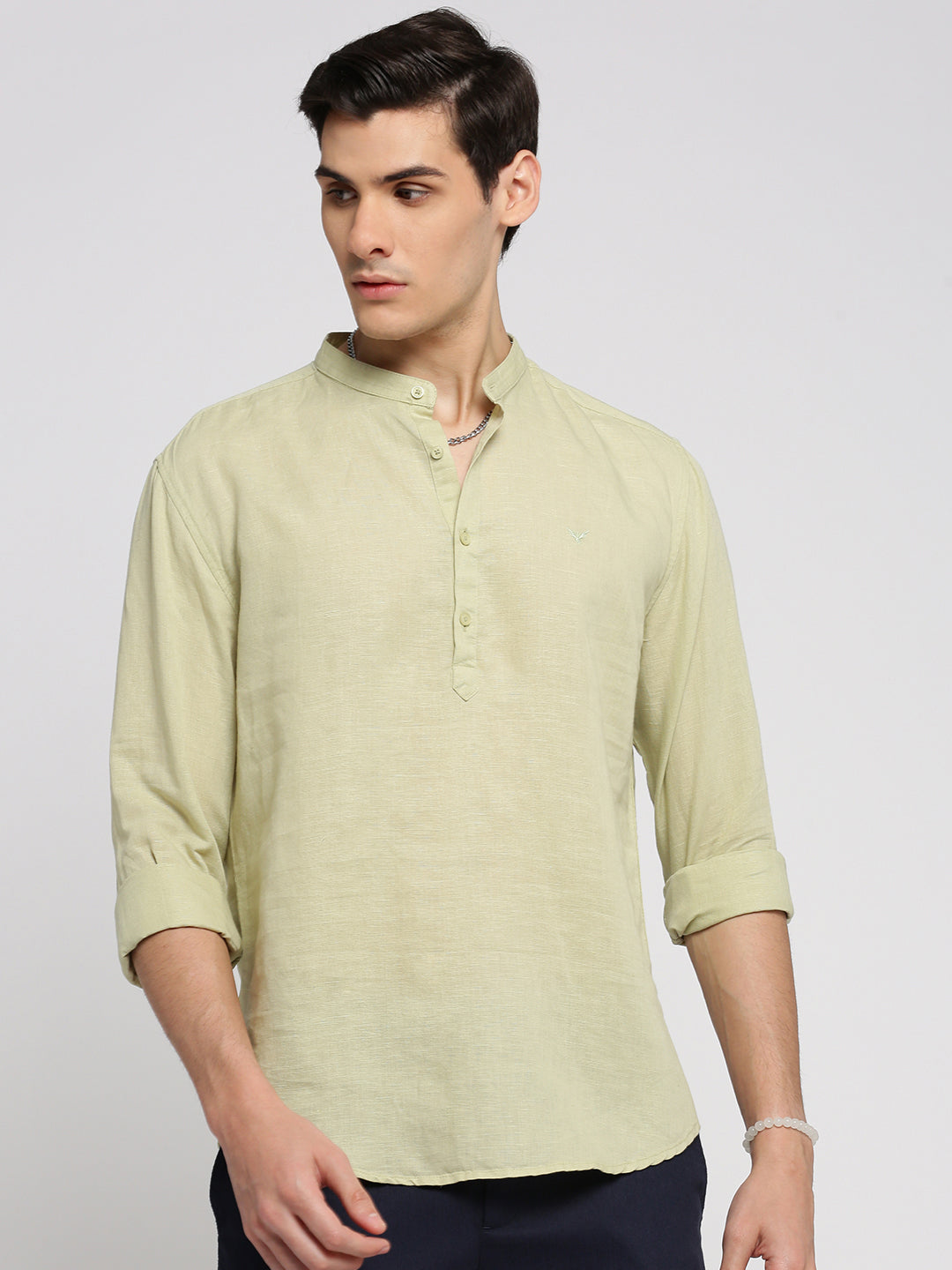 Men Sea Green Solid Mandarin Collar Casual Short Kurta