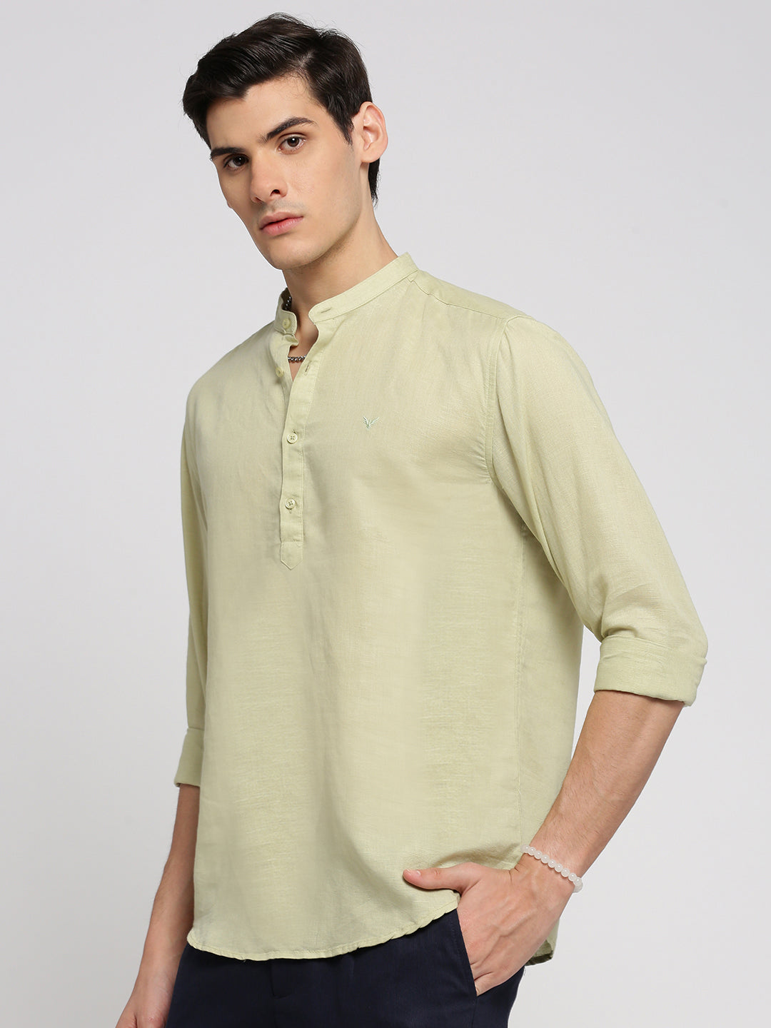 Men Sea Green Solid Mandarin Collar Casual Short Kurta